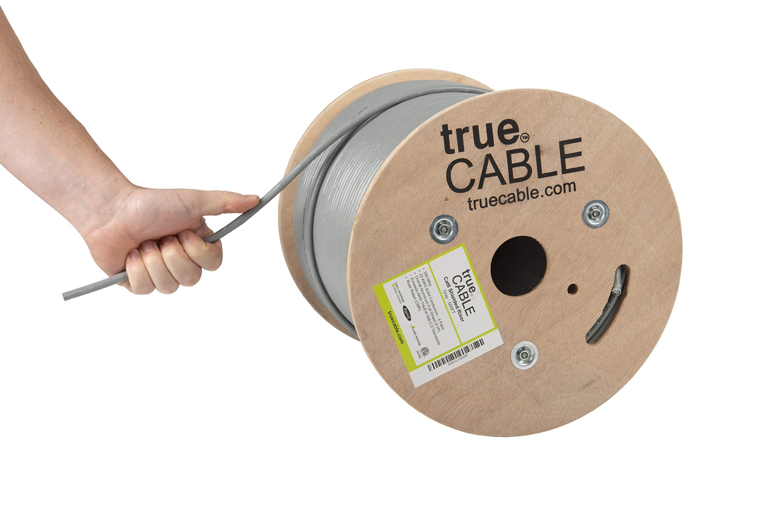 trueCABLE Cat6 Shielded Riser (CMR), 500ft, Gray, 23AWG Solid Bare Copper, 550MHz, PoE++ (4PPoE), ETL Listed, Overall Aluminum Foil Shield (F/UTP), Bulk Ethernet Cable
