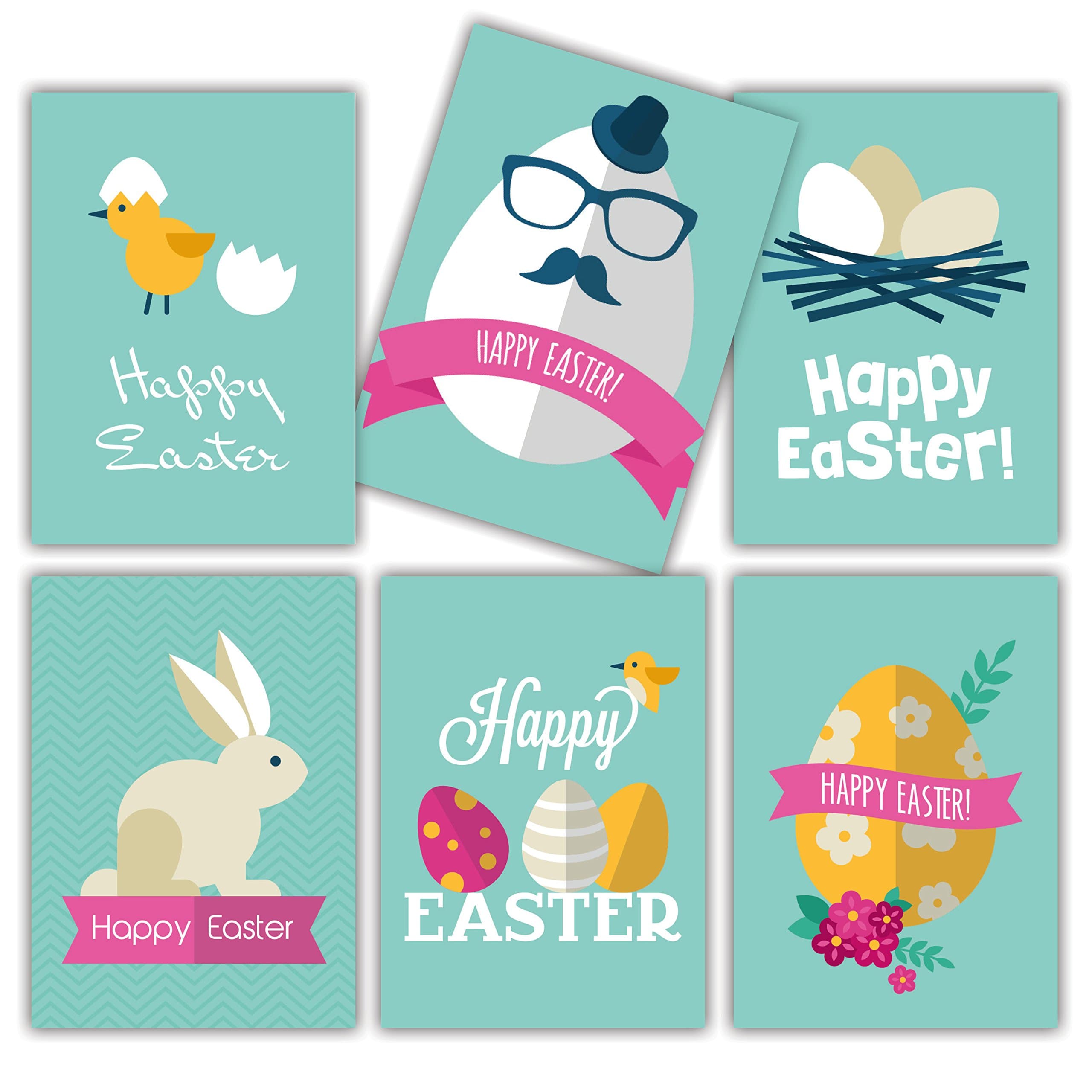 Modern Easter cards in a set 12 cards DIN A6 + white envelopes, modern design turquoise white for Easter greeting cards blank back