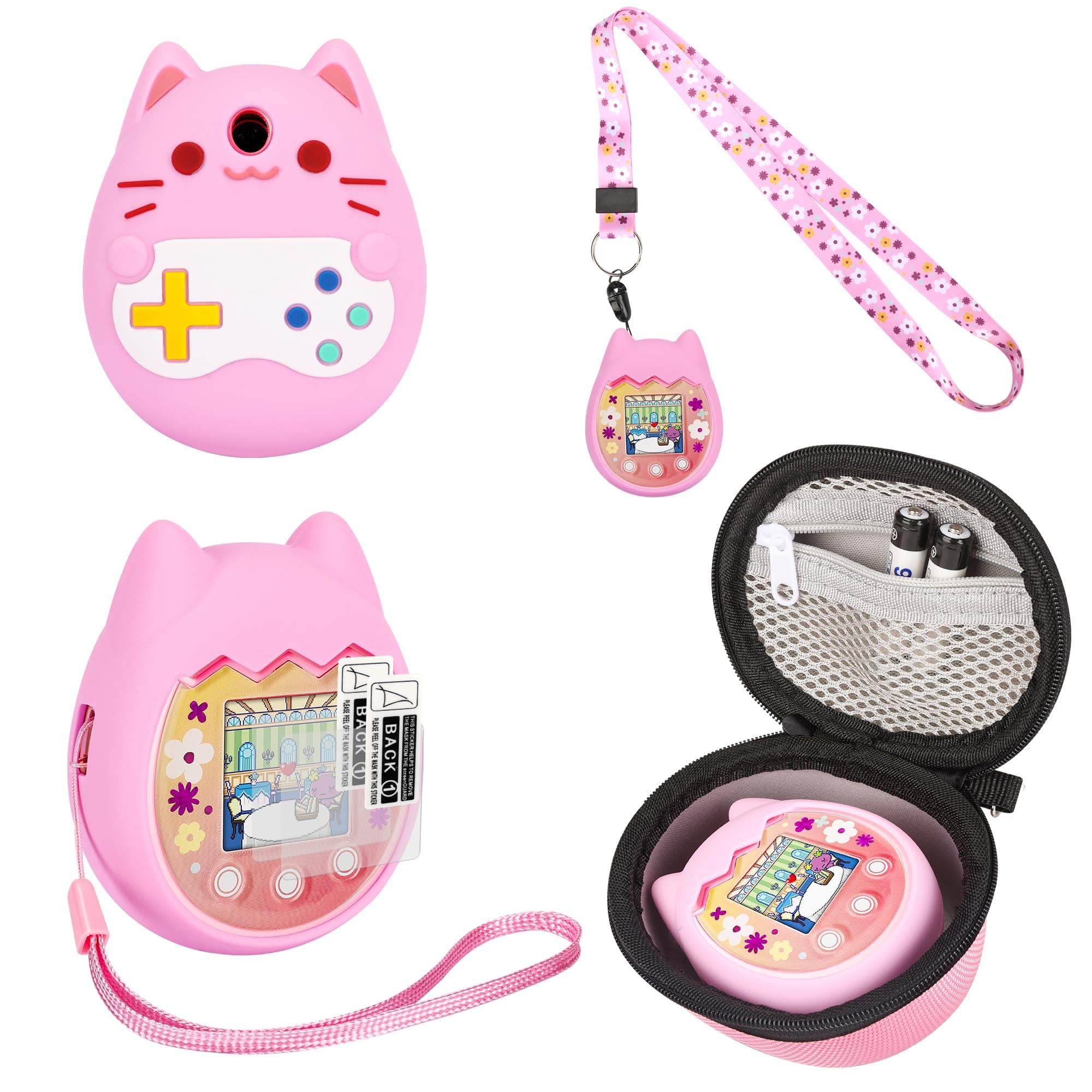 Carrying Case and Silicone Cover Compatible with Tamagotchi Pix Virtual Pet Game Machine, (5-in-1) Silicone Cover for Tamagotchi Pix, with Finger Lanyard and Screen Protector (Pink)