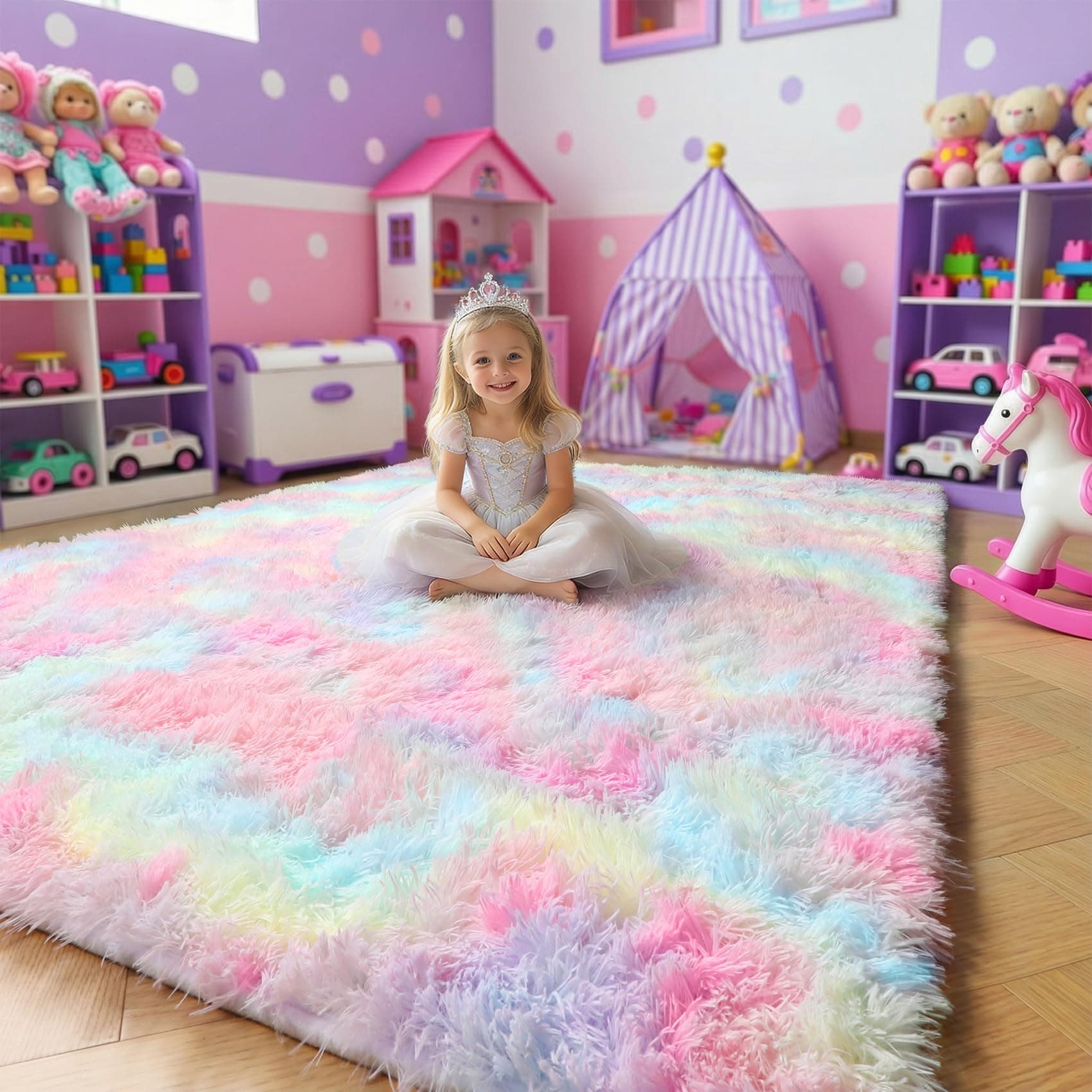 Pink Rainbow Fluffy Kids Rugs for Girls Bedroom, Unicorn Room Decor, Colorful Pastel Furry Shag Area Rugs for Nursery Playroom Classroom, Cute Fuzzy Kawaii Floor Carpet for Baby Toddler Teen, 4x6 Rug
