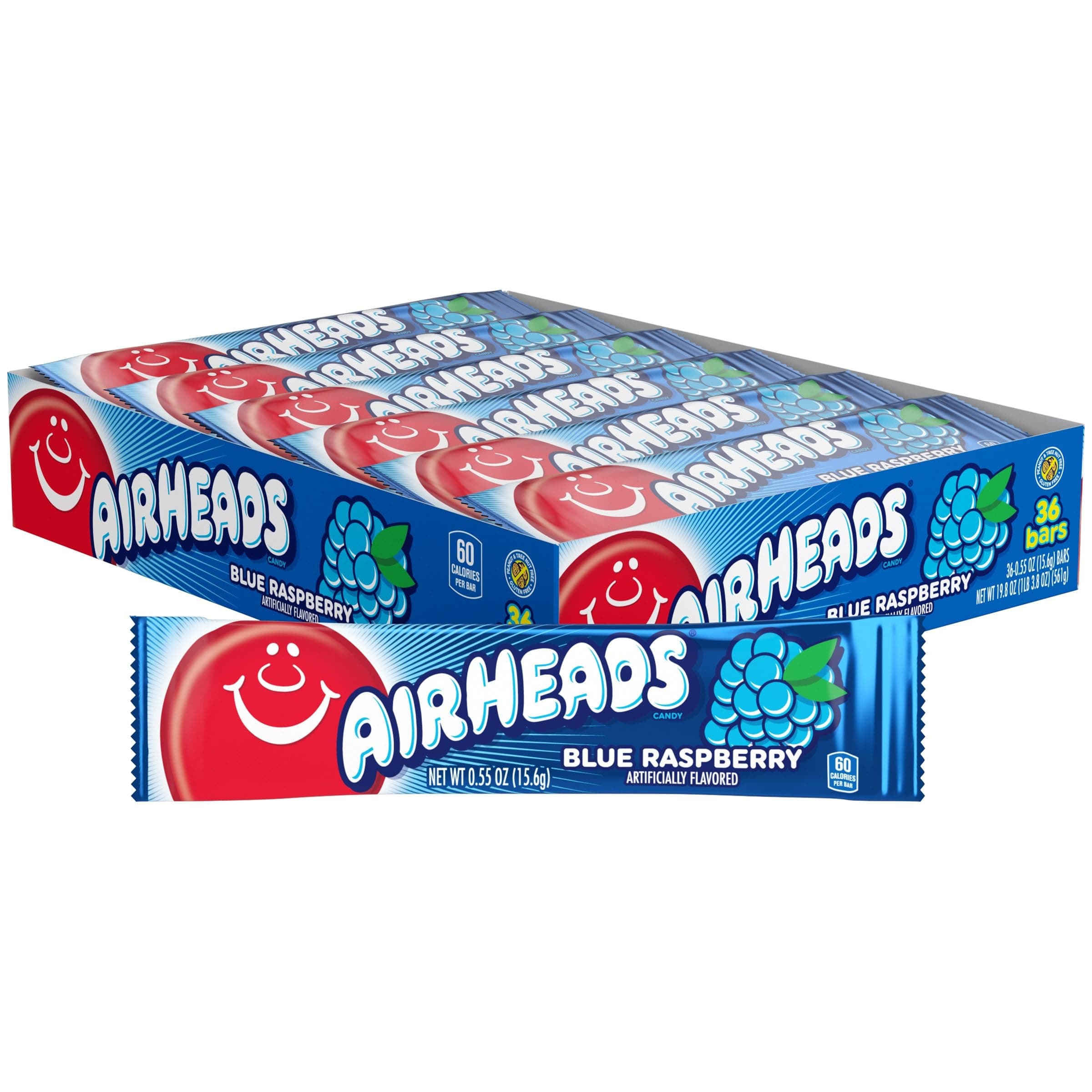 Airheads Candy, Individually Wrapped Full Size Bars for Halloween, Blue Raspberry, Bulk Taffy, Non Melting, Party, 0.55 Ounce (Pack of 36) 141