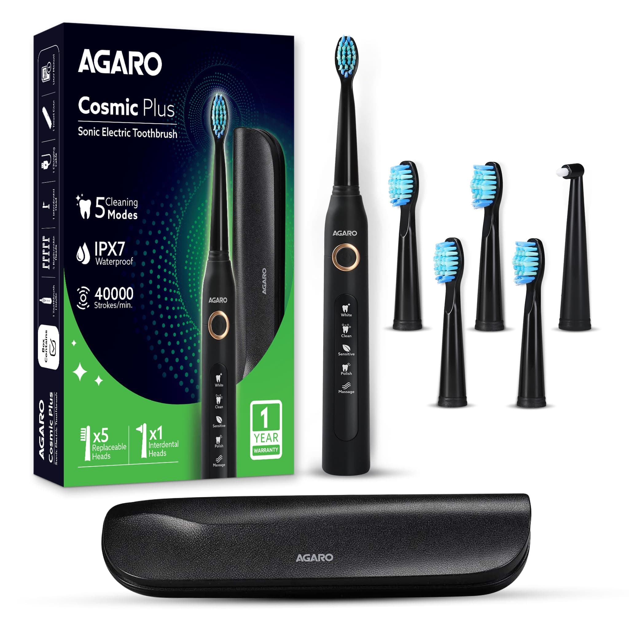 AGARO COSMIC PLUS Sonic Electric Tooth Brush For Adults With 5 Modes, 5 Brush Heads, 1 Interdental Head, Carry Case & Rechargeable With 4 Hours Charge Lasting Up To 25 Days, Power Toothbrush, (Black)