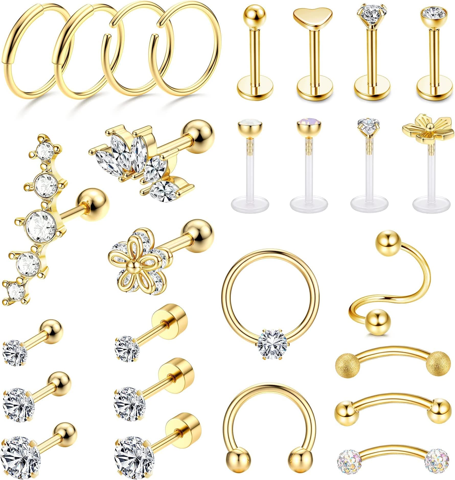 27Pcs 16G Cartilage Earrings Stud Hoop for Women Men Stainless Steel Helix Piercing Tragus Earrings Forward Conch Piercing Jewelry