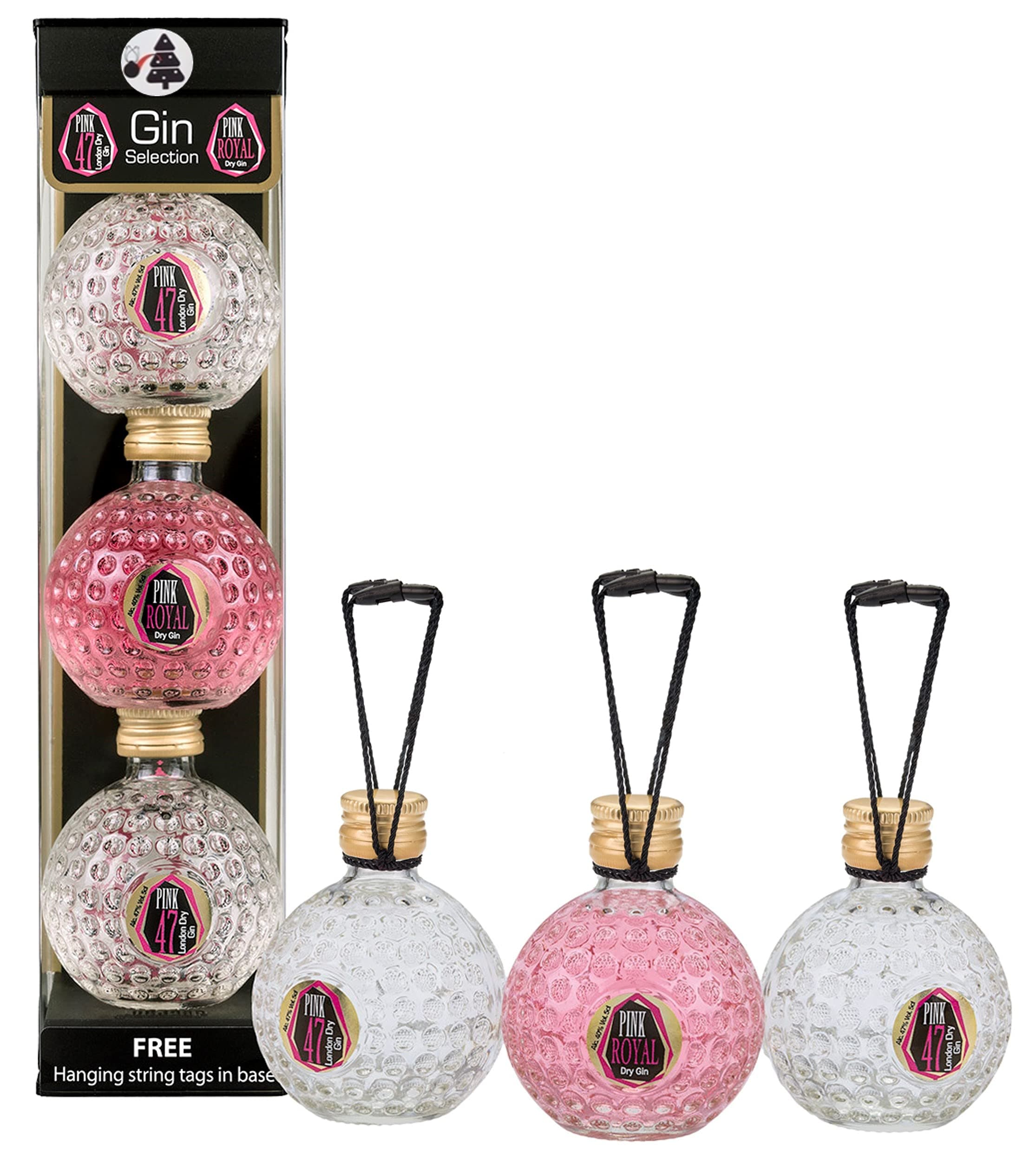 Pink 47 Gin Baubles & Pink Gin Baubles Christmas Gin Gift Set, 3 x 50ml