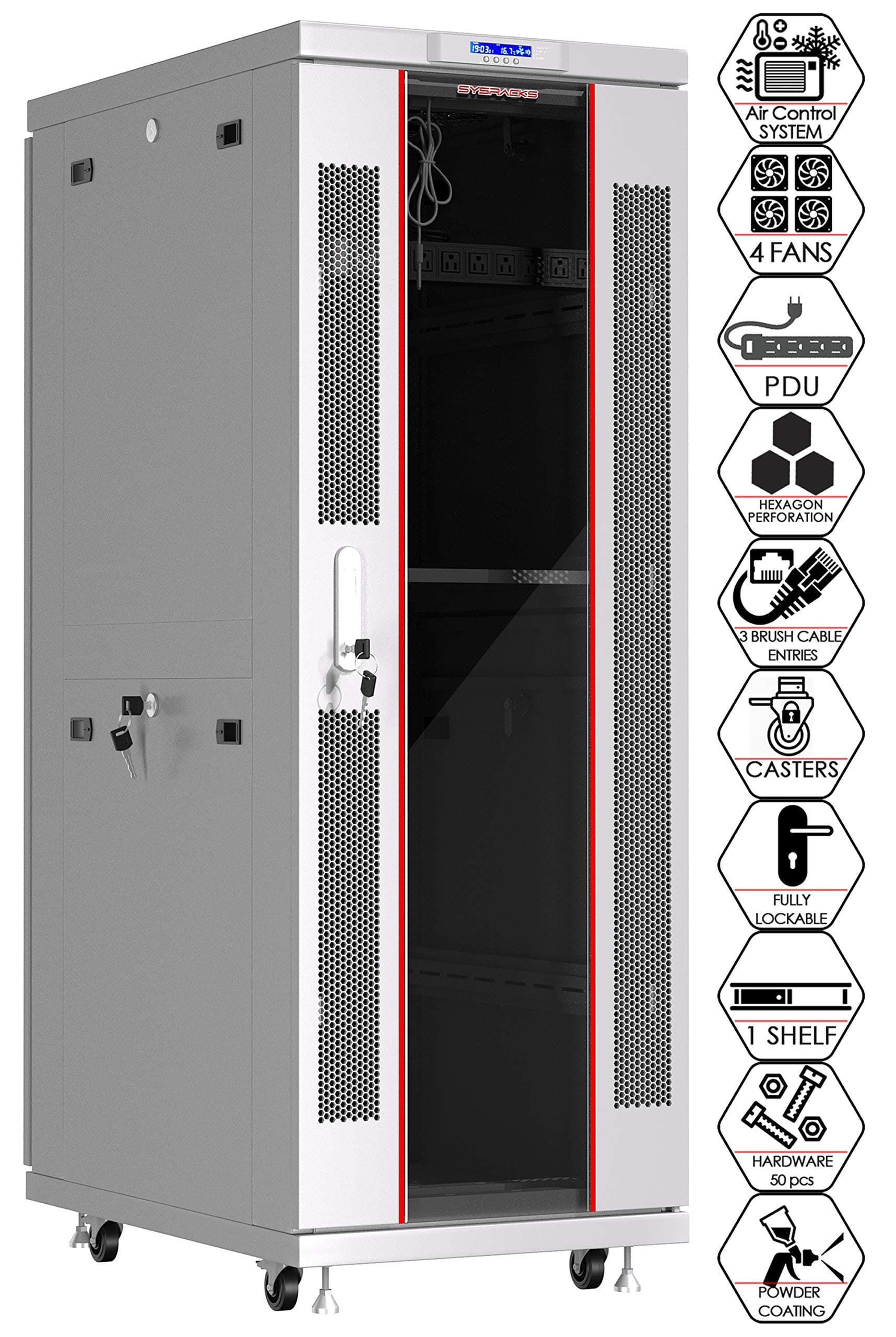 Sysracks Server Rack Network Cabinet Locking Deep Server Cabinet 35-Inch Depth Floor Network Rack on Wheels Computer Cabinet - 4 X Fans - Thermostat - PDU - LCD Screen (42U 24"x35"x84")