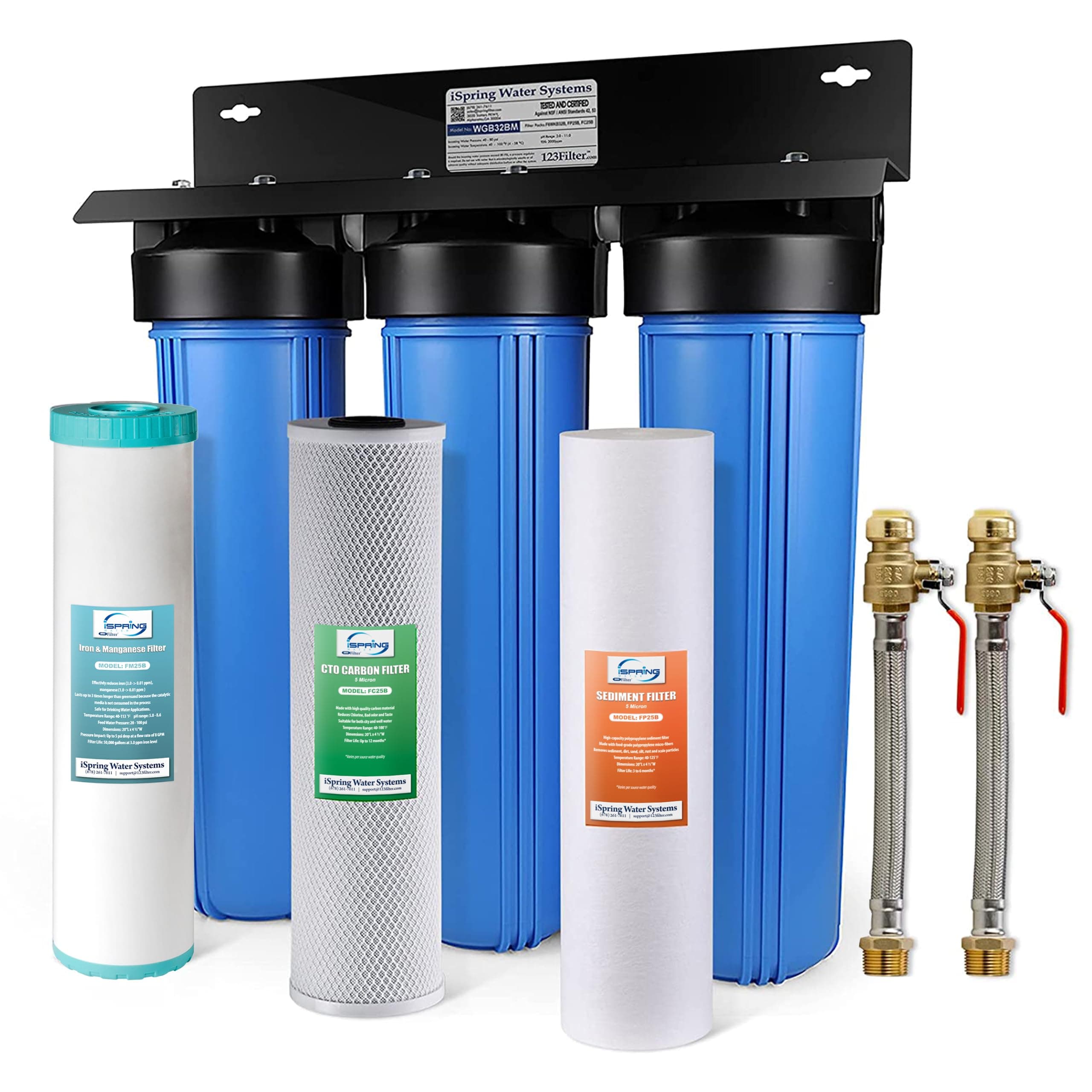 - iSpring WGB32BM+AHPF12MNPT16X2 3-Stage Whole House Water Filter System, Reduces Iron & Manganese, Chlorine, Sediment Home Water Filtration System w/ 3/4'' Braided Stainless Steel Hose Connectors