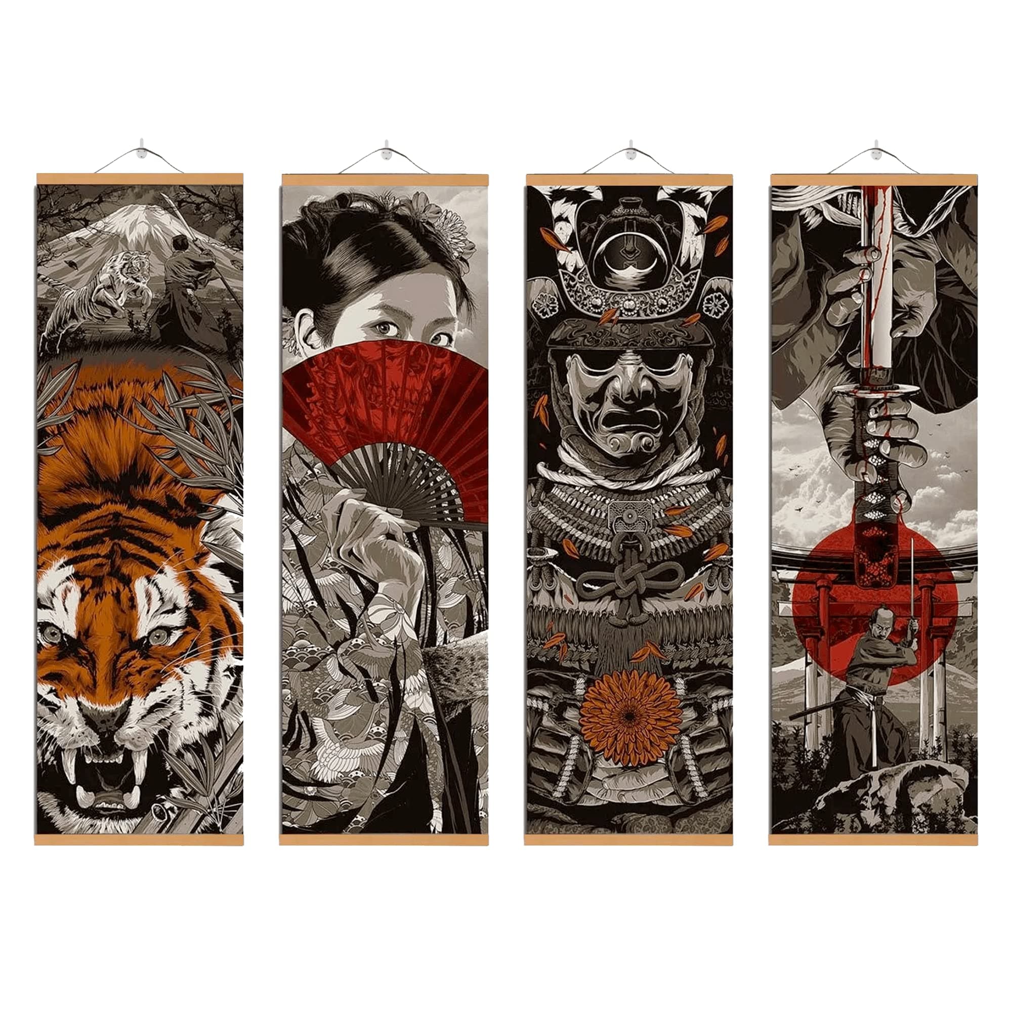 4PCS Japanese Wall Decor - Japanese Wall Art & Home Decor for Bedroom - Sumurai Armor Warrior Canvas Wall Decorations with Scroll Wood Framed, Sushi Restaurant Decor, 11'' x 35''