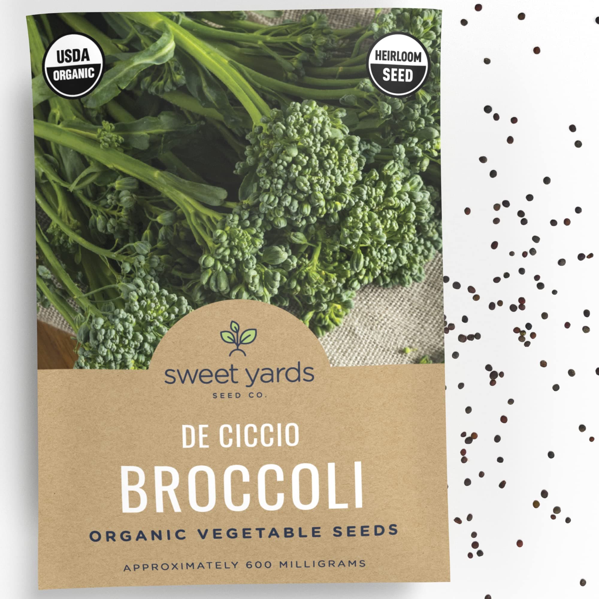 Organic Broccoli Seeds ‘De Cicco’ – Seed Packet of Over 125 Italian Heirloom Non-GMO Broccolini Seeds – Sweet Yards Seed Co.