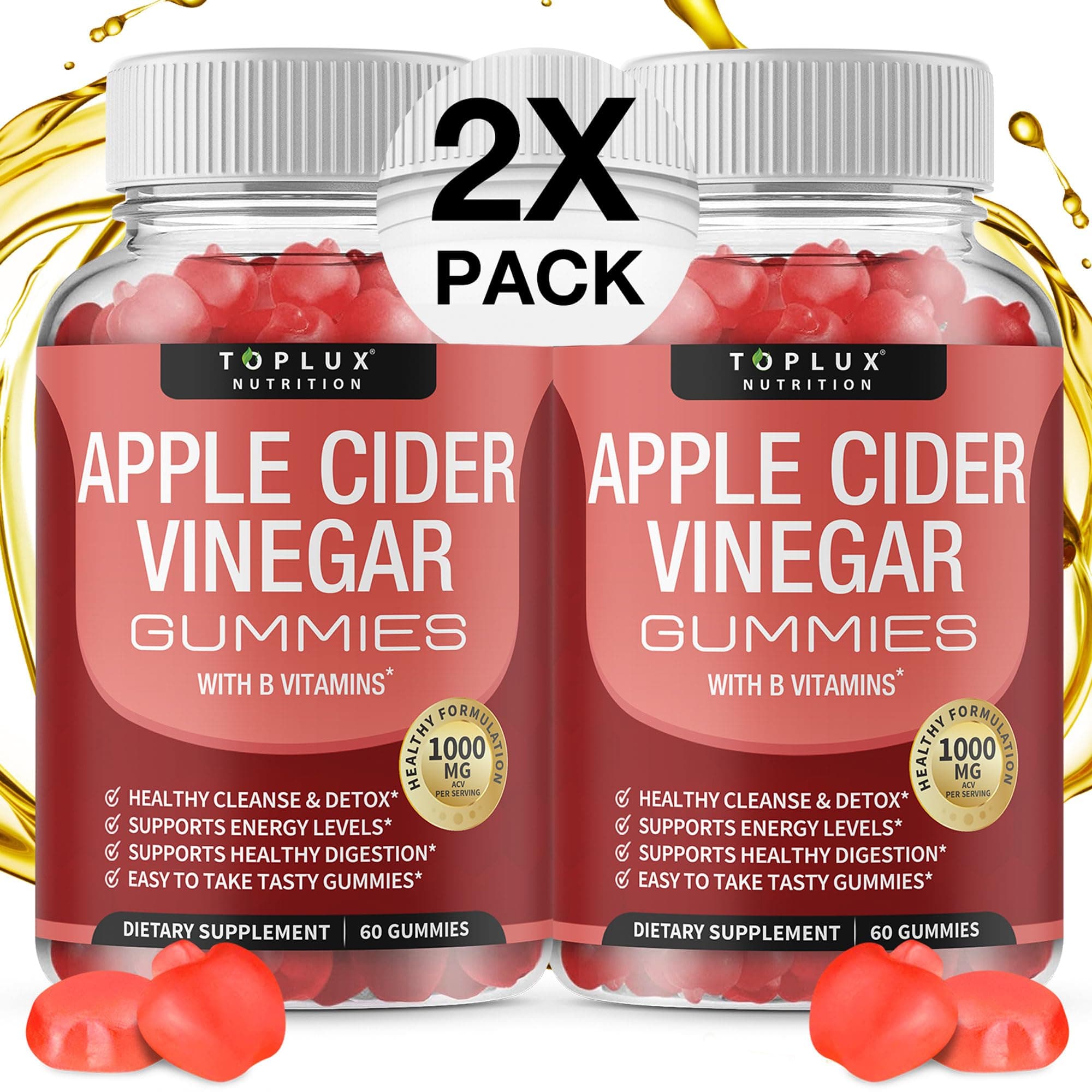 Apple Cider Vinegar Gummies - 1000mg ACV with B12, Beet Root, Pomegranate for Immune System, Detox & Cleanse, Gummy Alternative to Apple Cider Vinegar Capsules, for Men Women 2X Pack