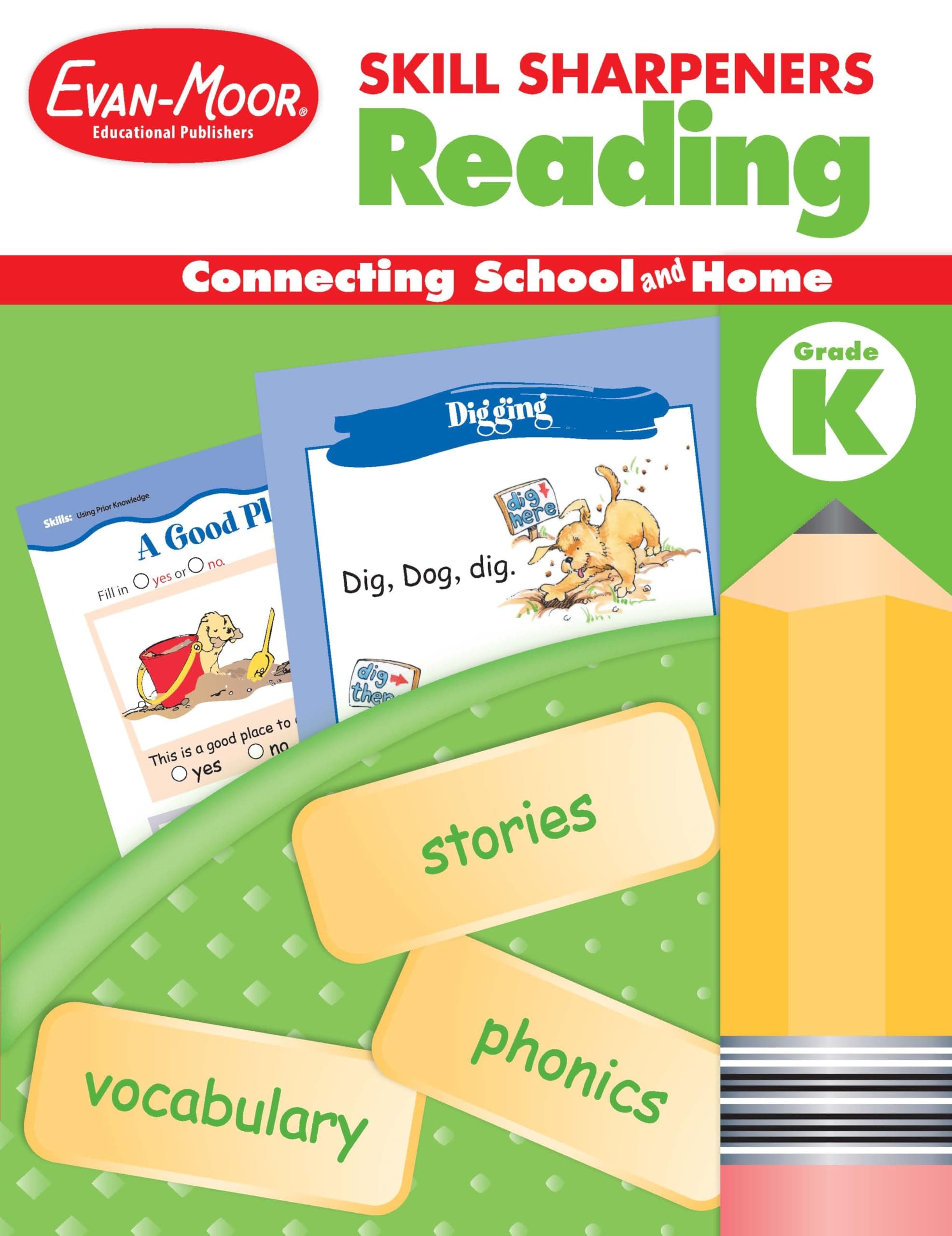 Evan-Moor Skill Sharpeners Reading Workbook, Kindergarten, Vocabulary, Comprehension, Phonics, Word Family, Sequencing, Beginning Sounds, Matching Words and Pictures, Cut and Paste, Homeschool