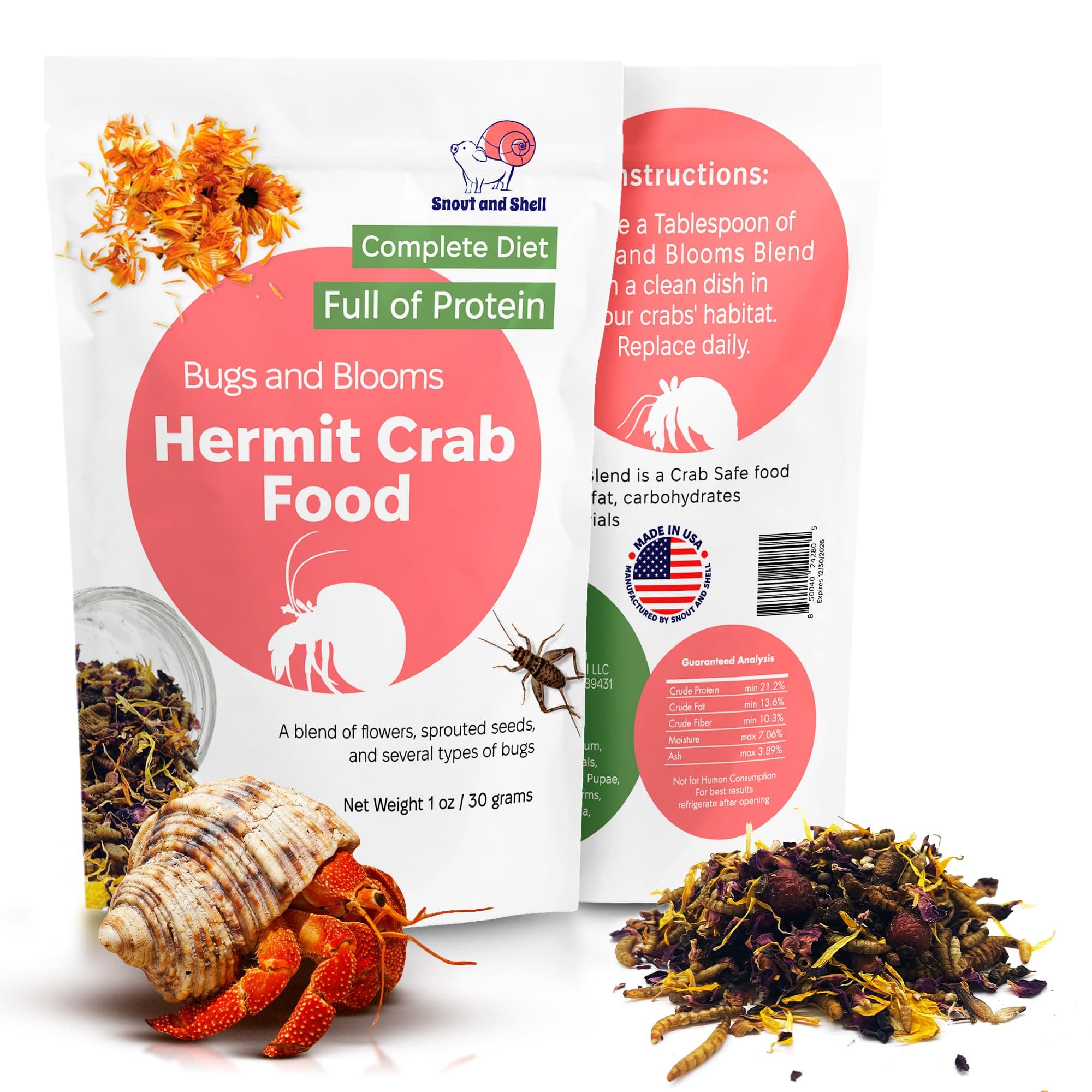 Snout and Shell Bugs and Blooms Hermit Crab Food - 1 oz - 30 Grams - Whole Food Diet for Hermit Crabs - Seeds, Bugs and More