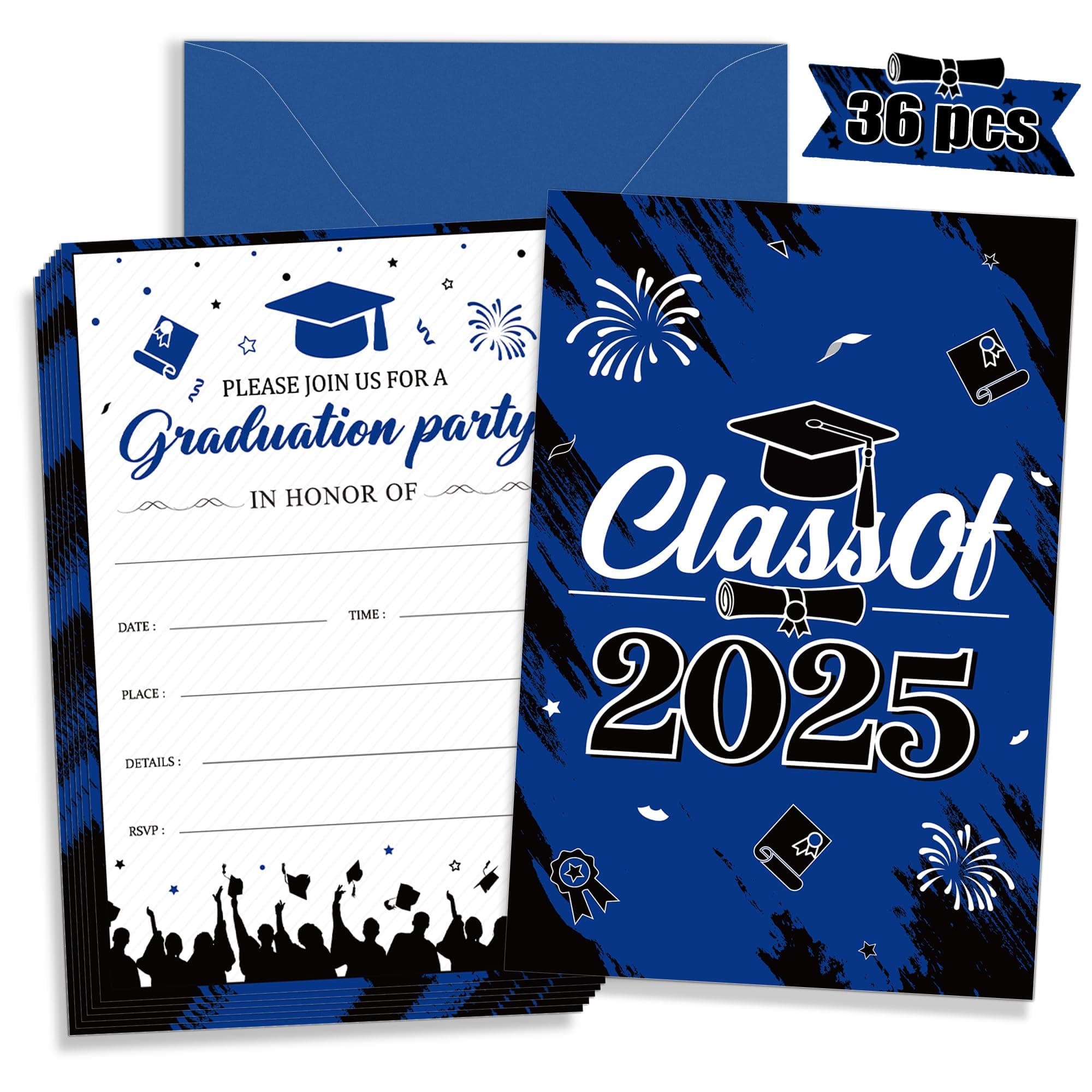 Graduation Party Invitations 36 PCS Blue Black Invite Cards with Envelopes Announcement Card for Class of 2025 College University Grad Celebration