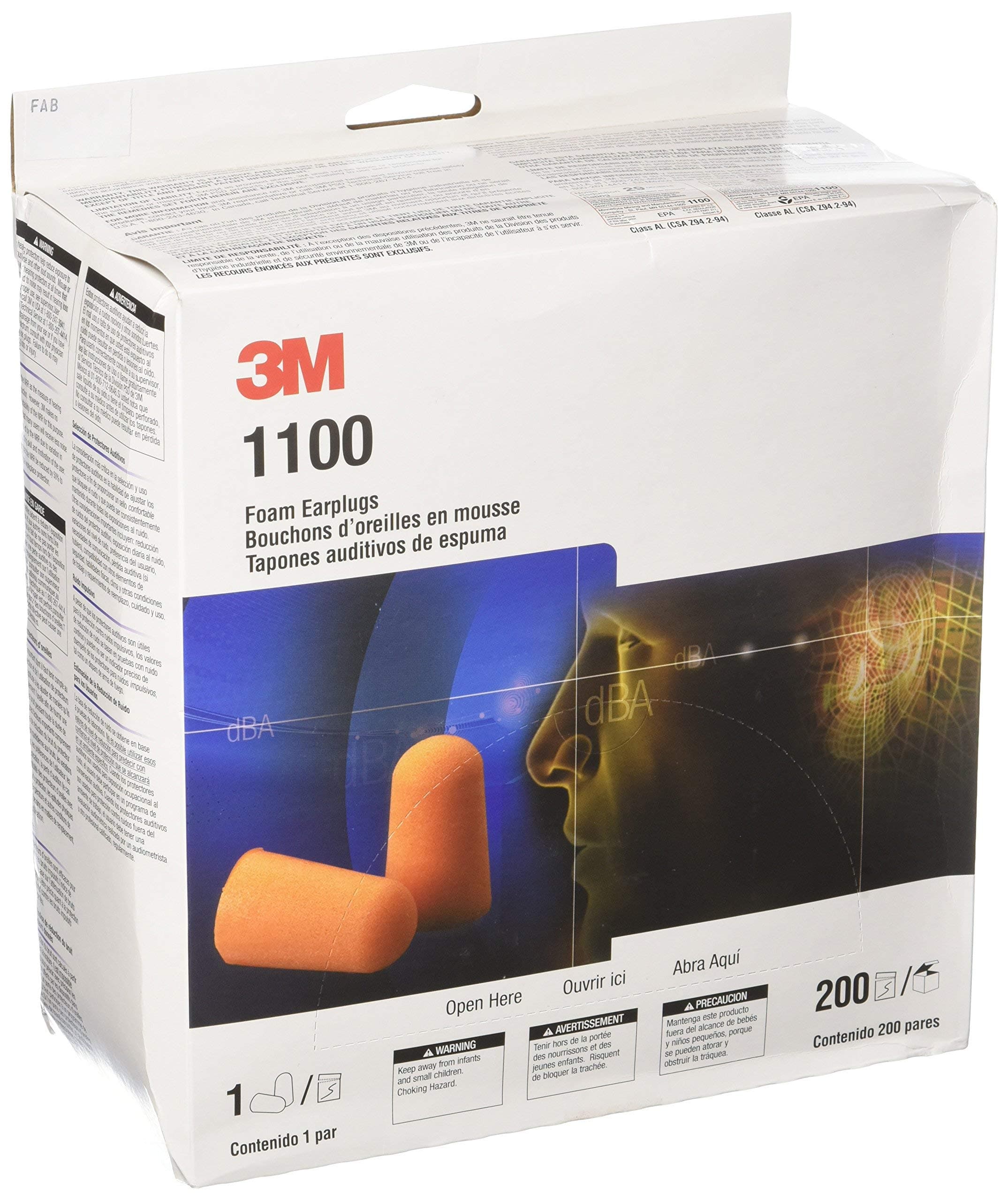 3M 1100 Foam Ear Plugs, 200-Pair, Orange