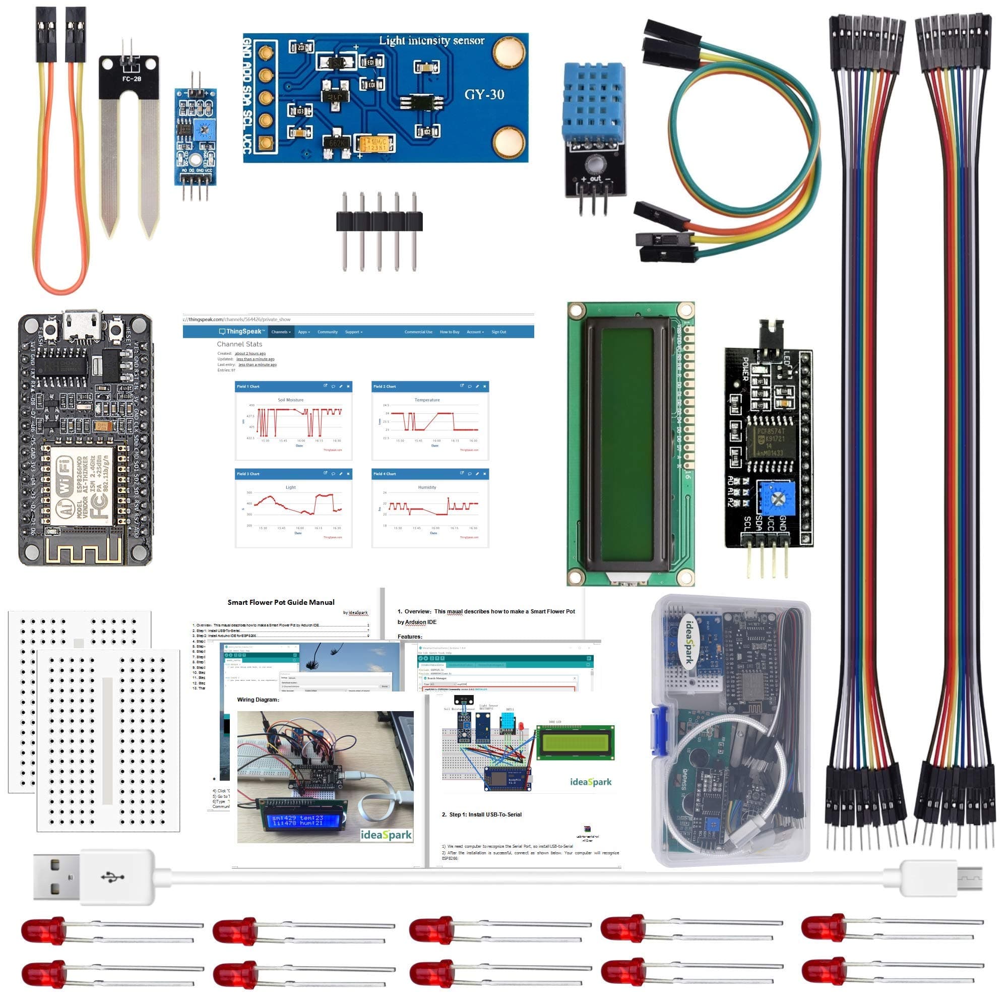 IDEASPARK ESP8266 Smart Flower Pot Kits with DHT11 Temperature and Humidity Sensor BH1750FVI Light Sensor Soil Moisture Sensor for Arduino IDE IoT Starter(Guidance Document Included)