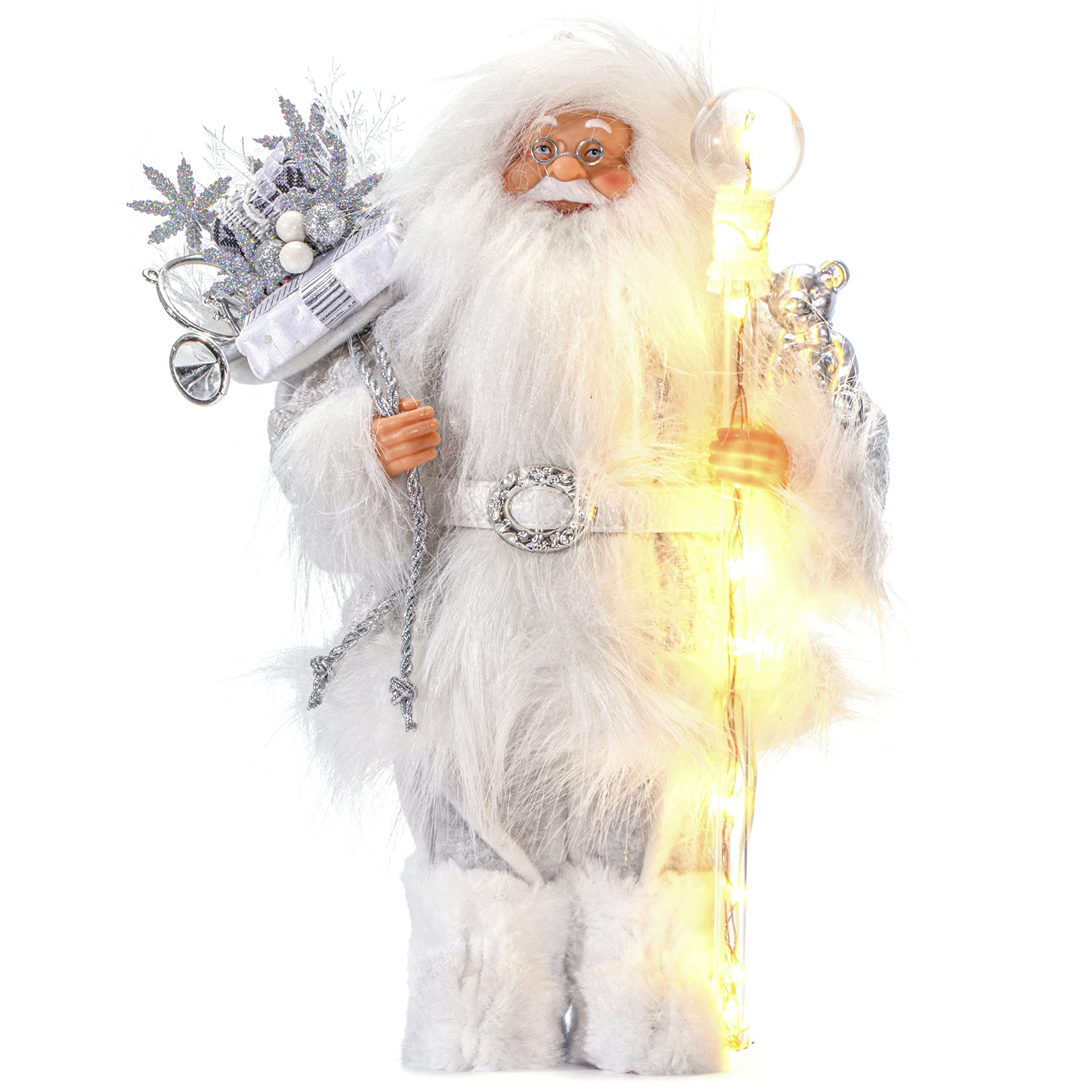 Toiyason 13.8inch Santa Claus Figurines with Lighting Walking Stick,Christmas Standing Santa Figure Decorations Gift for Xmas Outdoor Indoor Home Office Ornaments,White&Silver