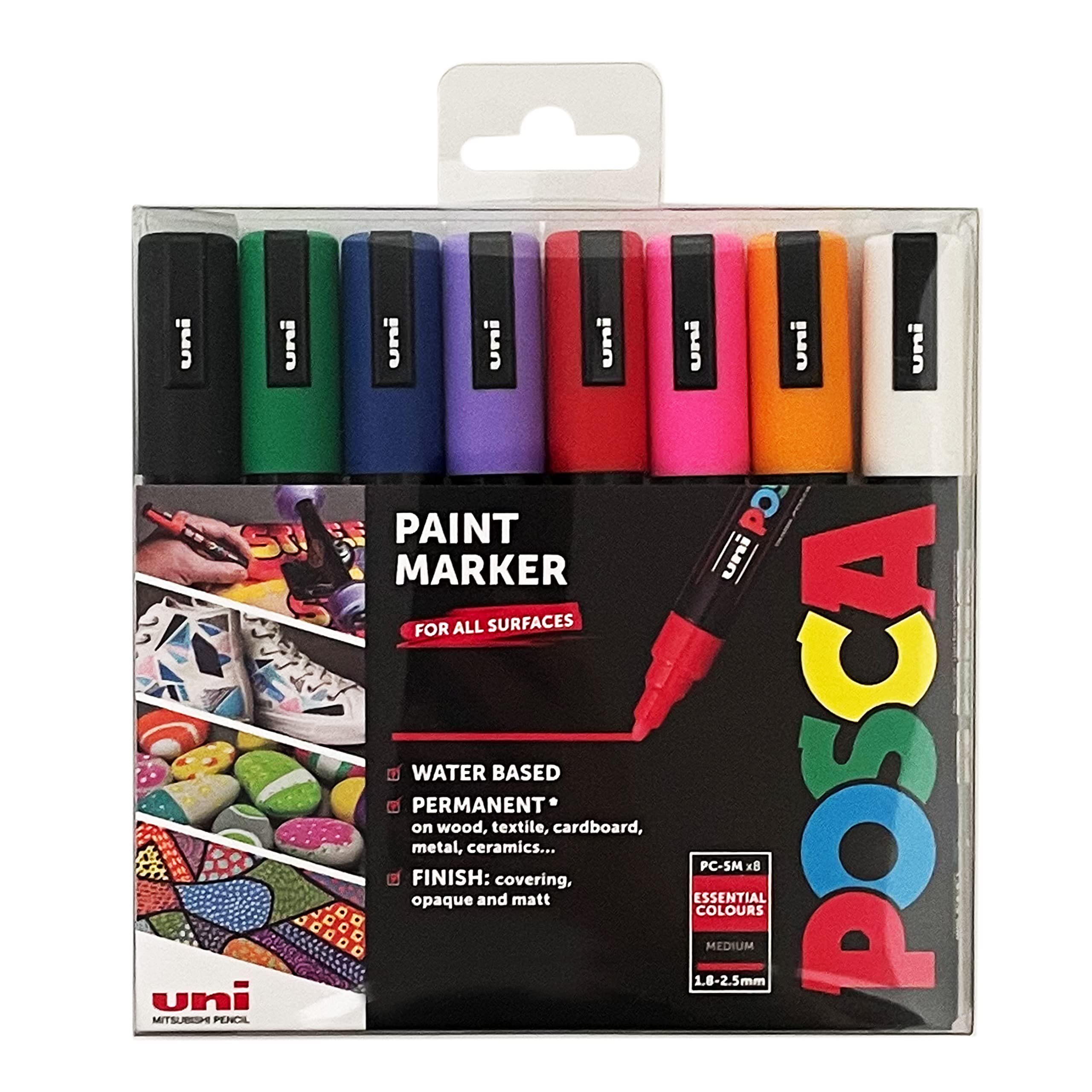 Pens PC-5M Medium Acrylic Felt Tip Coloured Permanent Paint Markers for Adults and Kids. Perfect for Colouring, Fabric, Graffiti, Watercolour, Outline Drawing, Window and Glass Art. 8 Pack