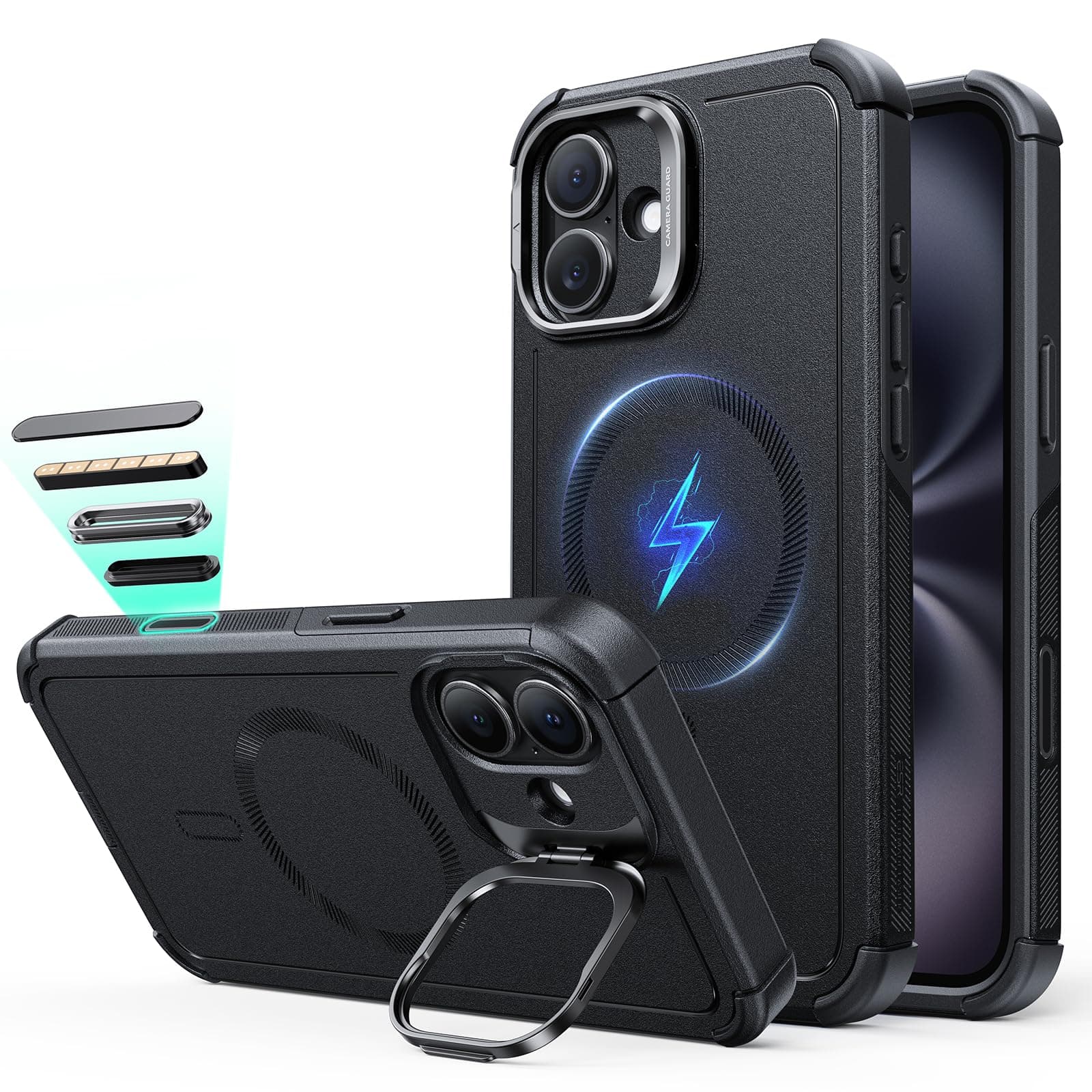 ESR for iPhone 16 Case with Stash Stand, Camera Control, 23FT Military-Grade Shock-Absorbing Drop Protection, Compatible with MagSafe Accessories, Magnetic Cyber Series, Black