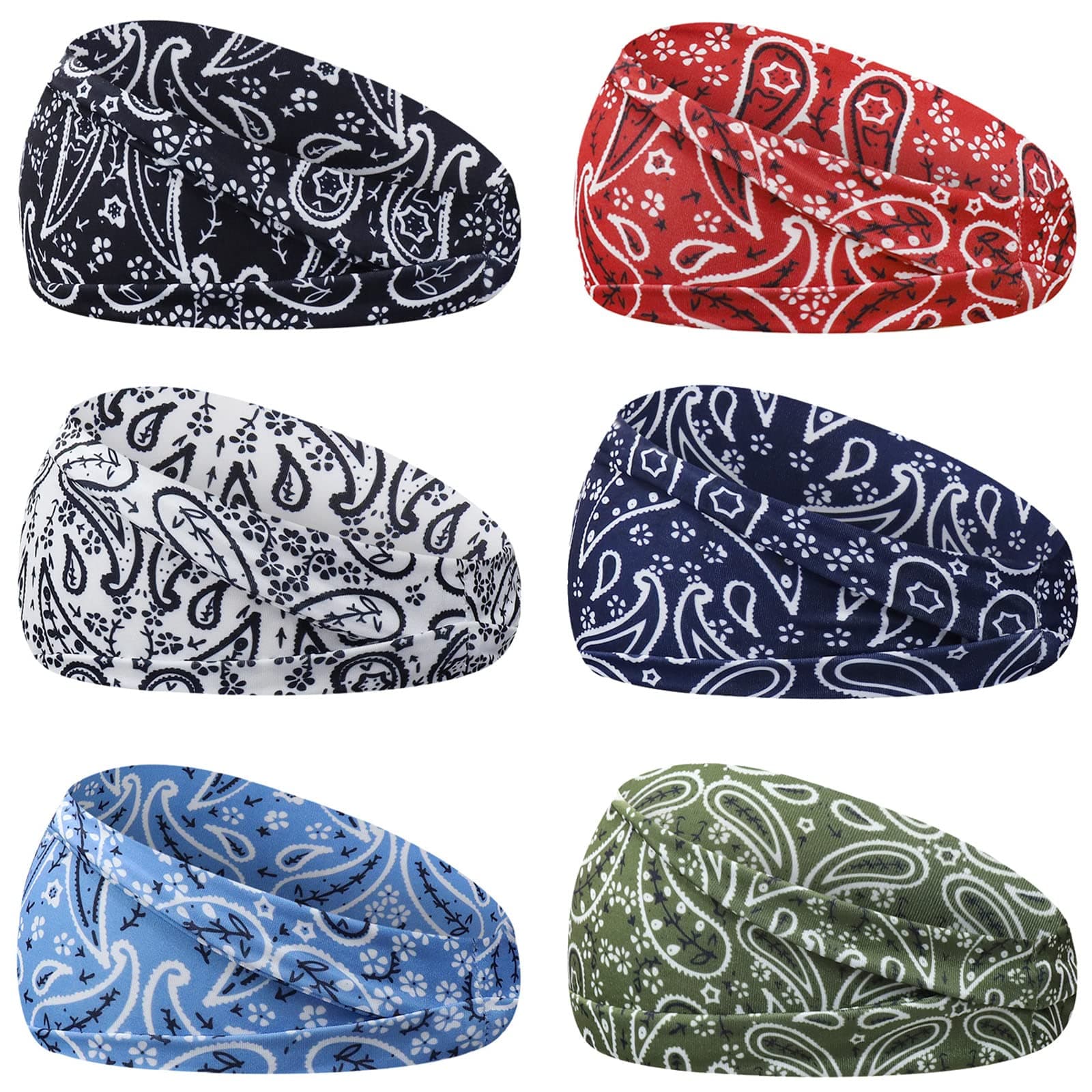 6Pcs Headbands Paisley Bandanas Head Bands Sweat Band Hair Wrap Headwrap Fashion Boho Wide Thick Workout Yoga Elastic Headbands Mens Cooling Running Sports Headband Sweatbands for Women and Men