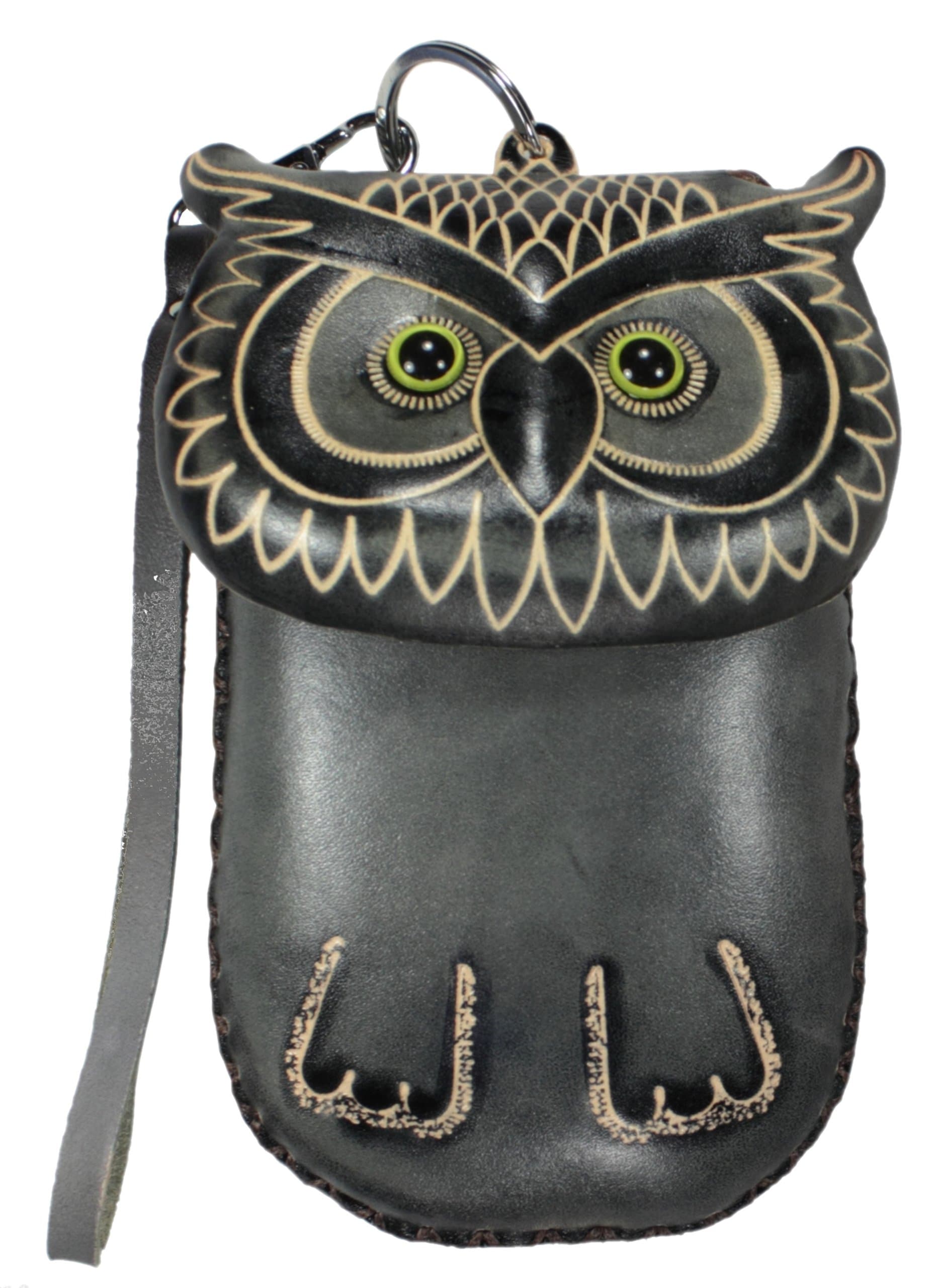Genuine Leather Wise Owl Coin ID Cell Phone Purse Wristlet - Gray