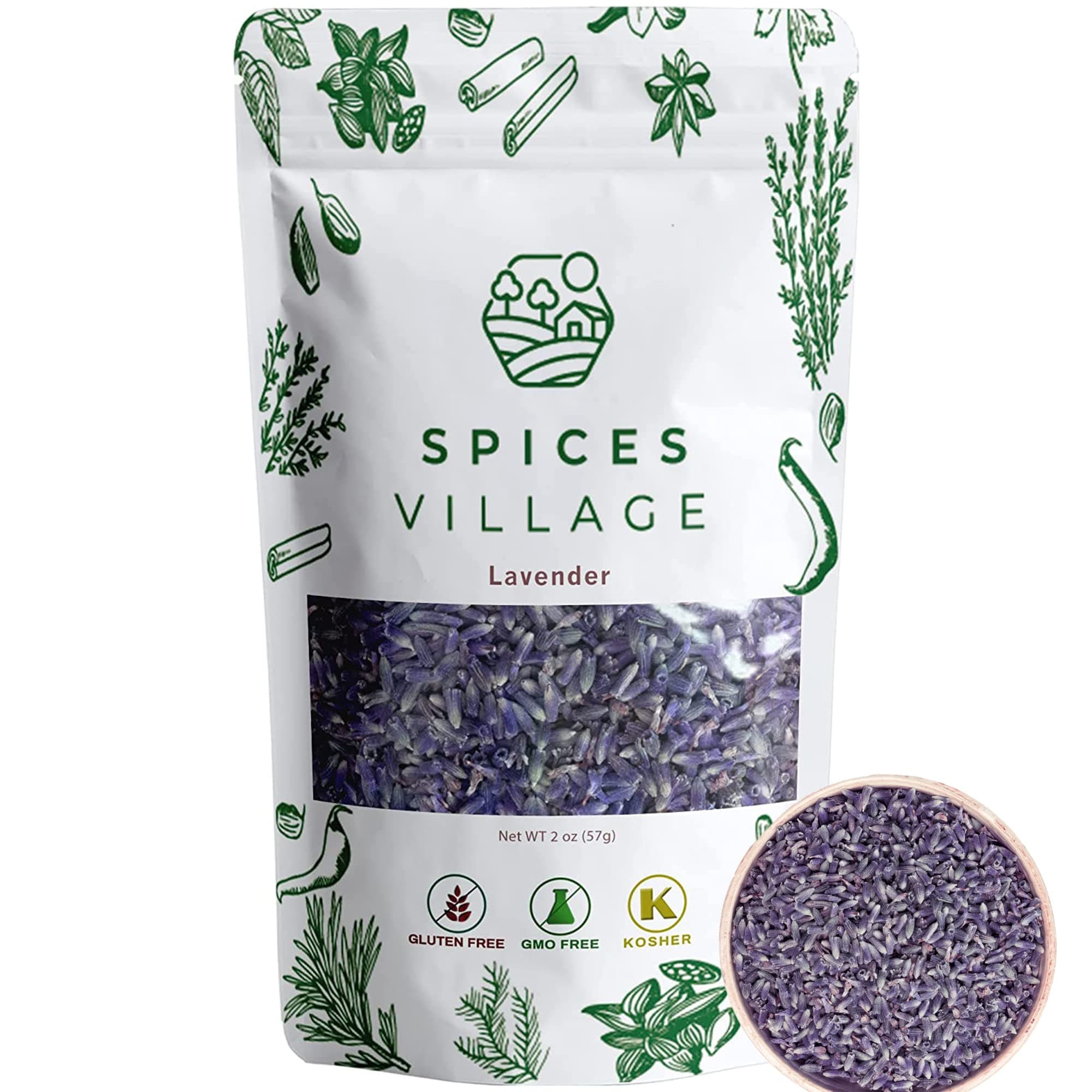 SPICES VILLAGE Dried Lavender, Dried Lavender Buds, 2 oz, Herbal Tea, Potpourri, Wedding Confetti, Pillow - Kosher, Gluten Free, Vegan, Non GMO, Resealable Bulk Bag