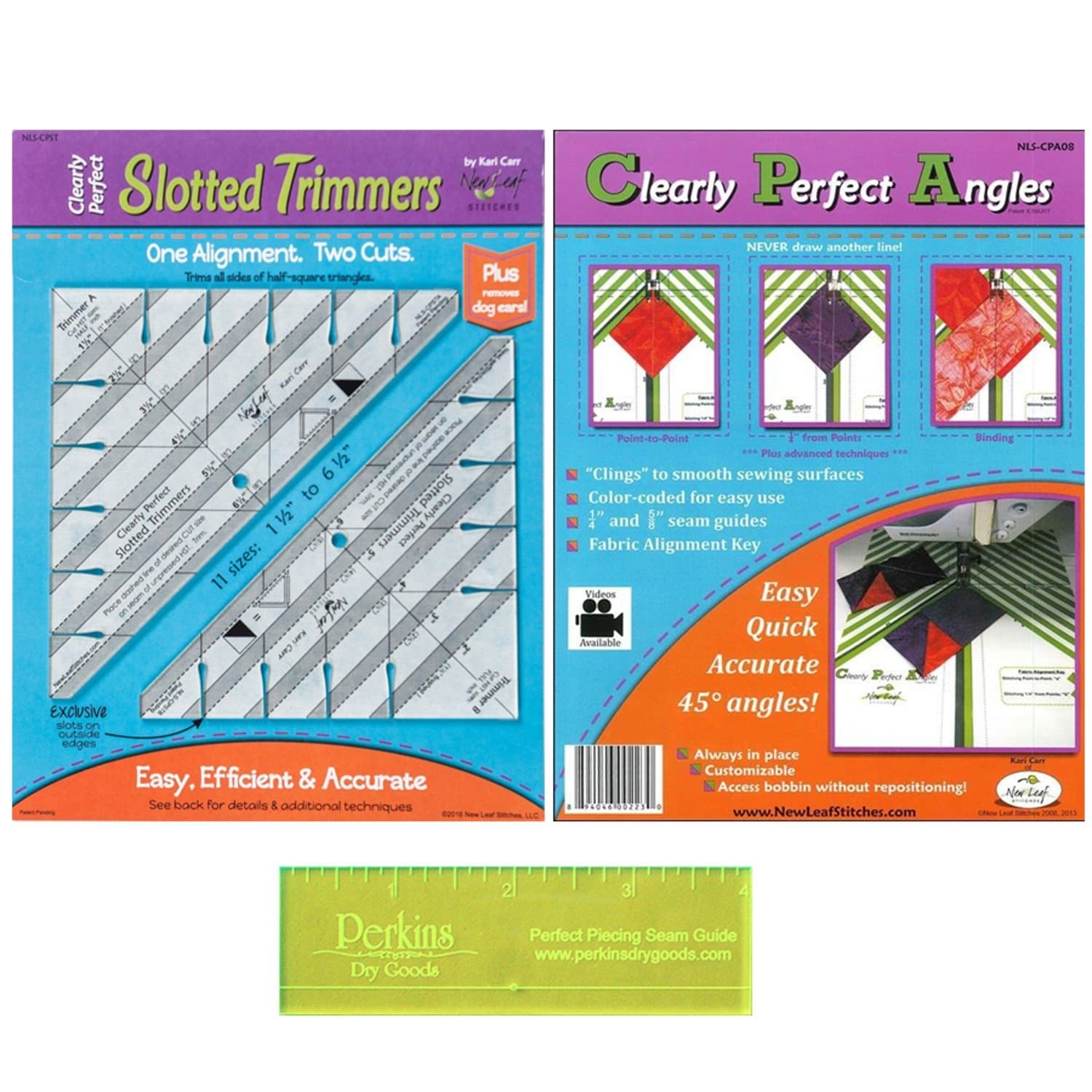 Quilting Supplies Kit for Accurate Seams - 3 Items: New Leaf Clearly Perfect Angles and Clearly Slotted Trimmers with Perkins Perfect Piecing Seam Guide