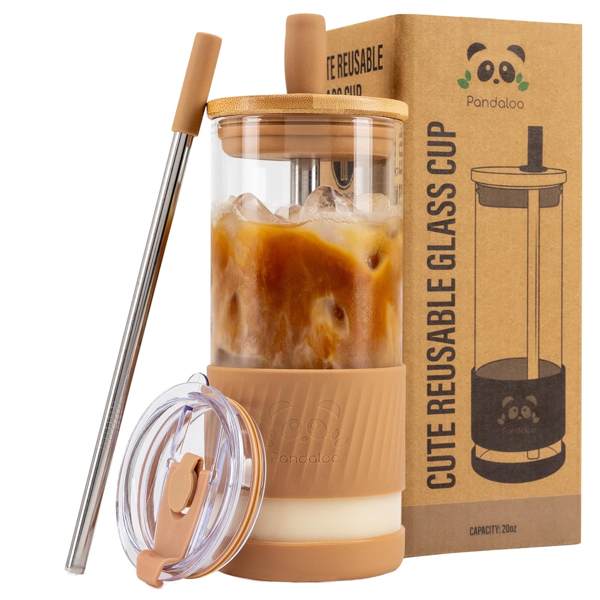 Glass Cups With Lids and Straws -20 Fl Oz- Perfect Size Iced Coffee Cup - Smoothie Cup With Bamboo Lid and On the go Lid - Glass Tumbler With Straw (1 Count (Pack of 1), Amber Sand)