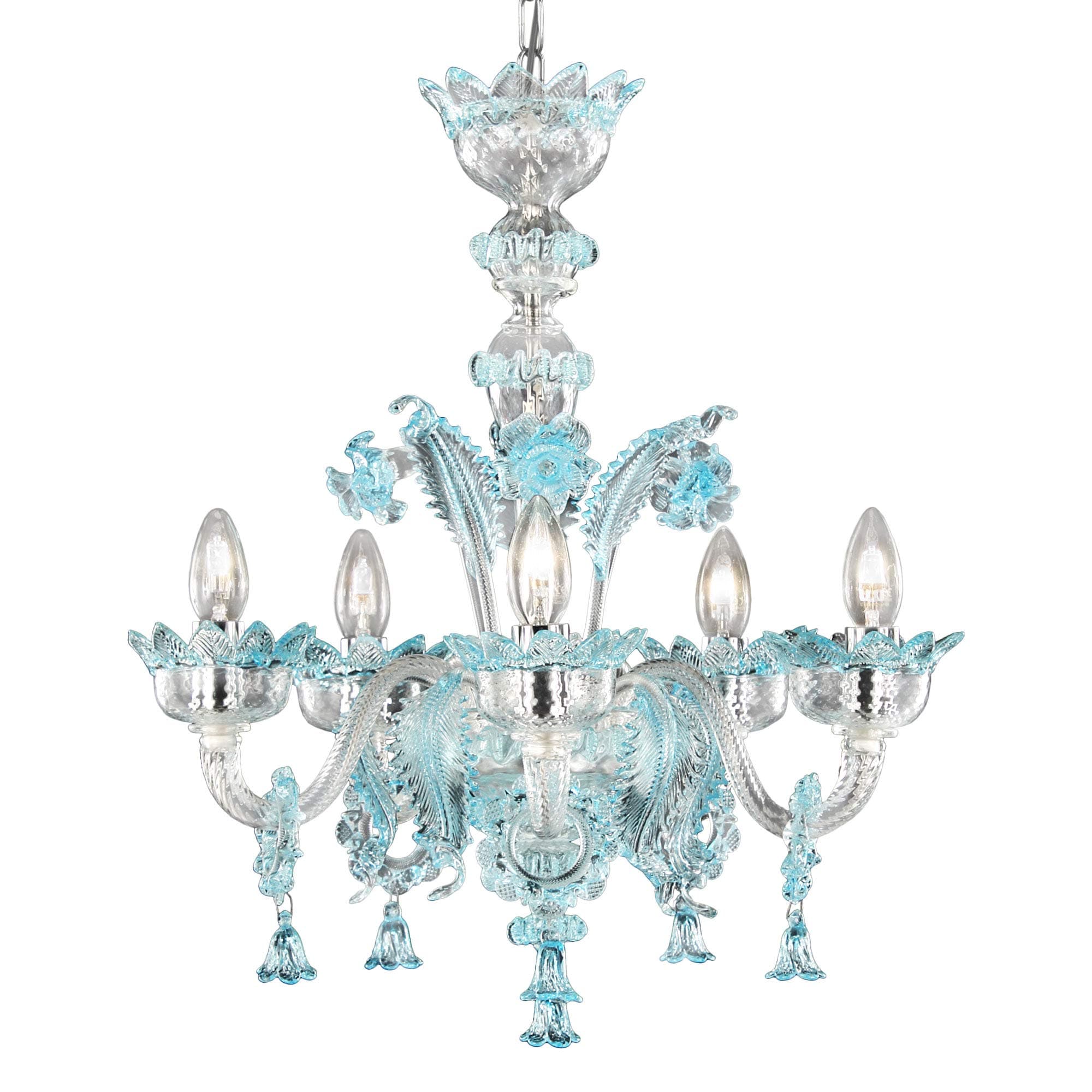 Chandelier glass murano clear and blue 5 lights 55 x 60 cm silver frame