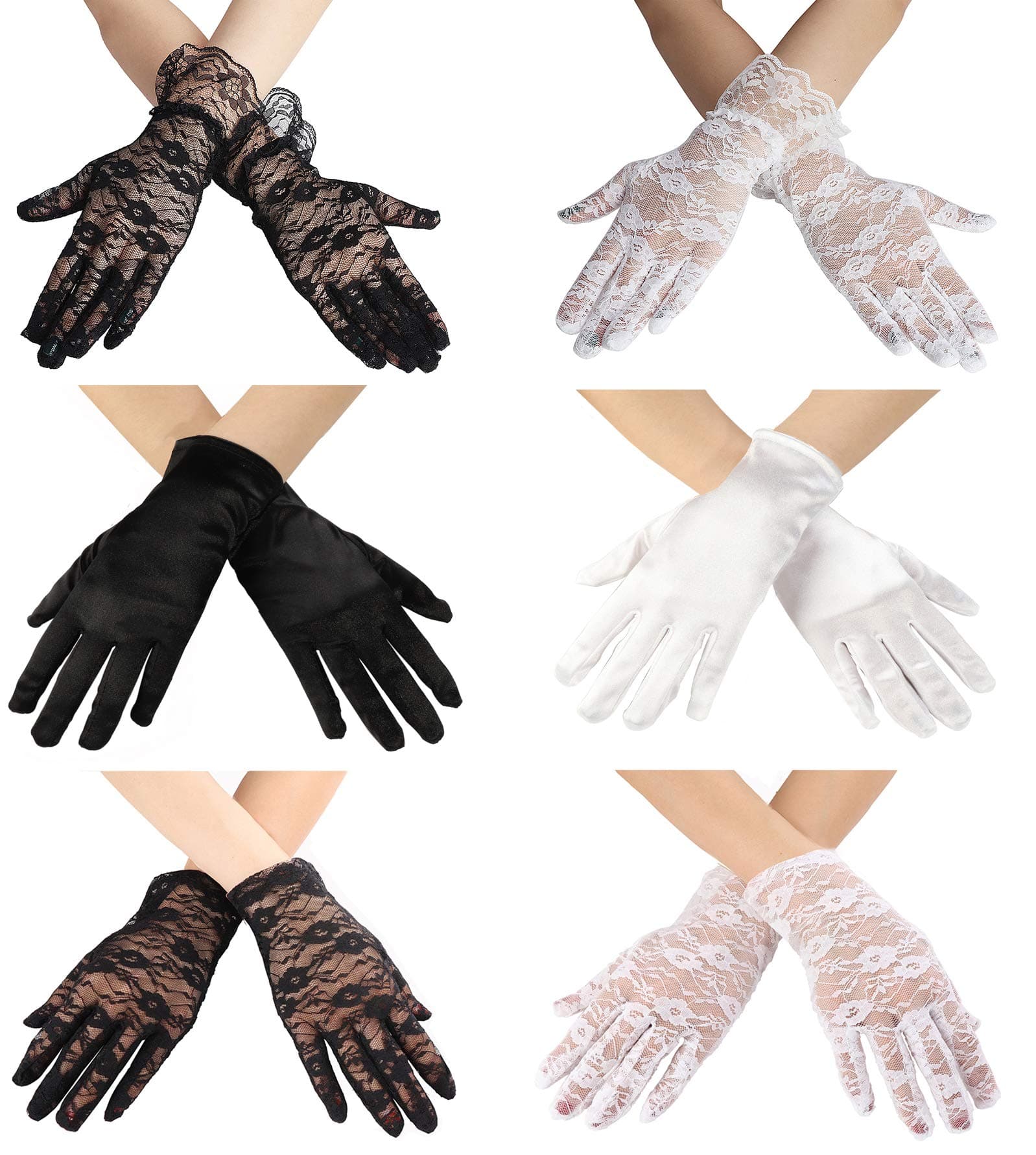 Subiceto 4-6 Pairs Lady Women's Foral Lace Satin Gloves for Bridal Wedding Party Dinner Gifts