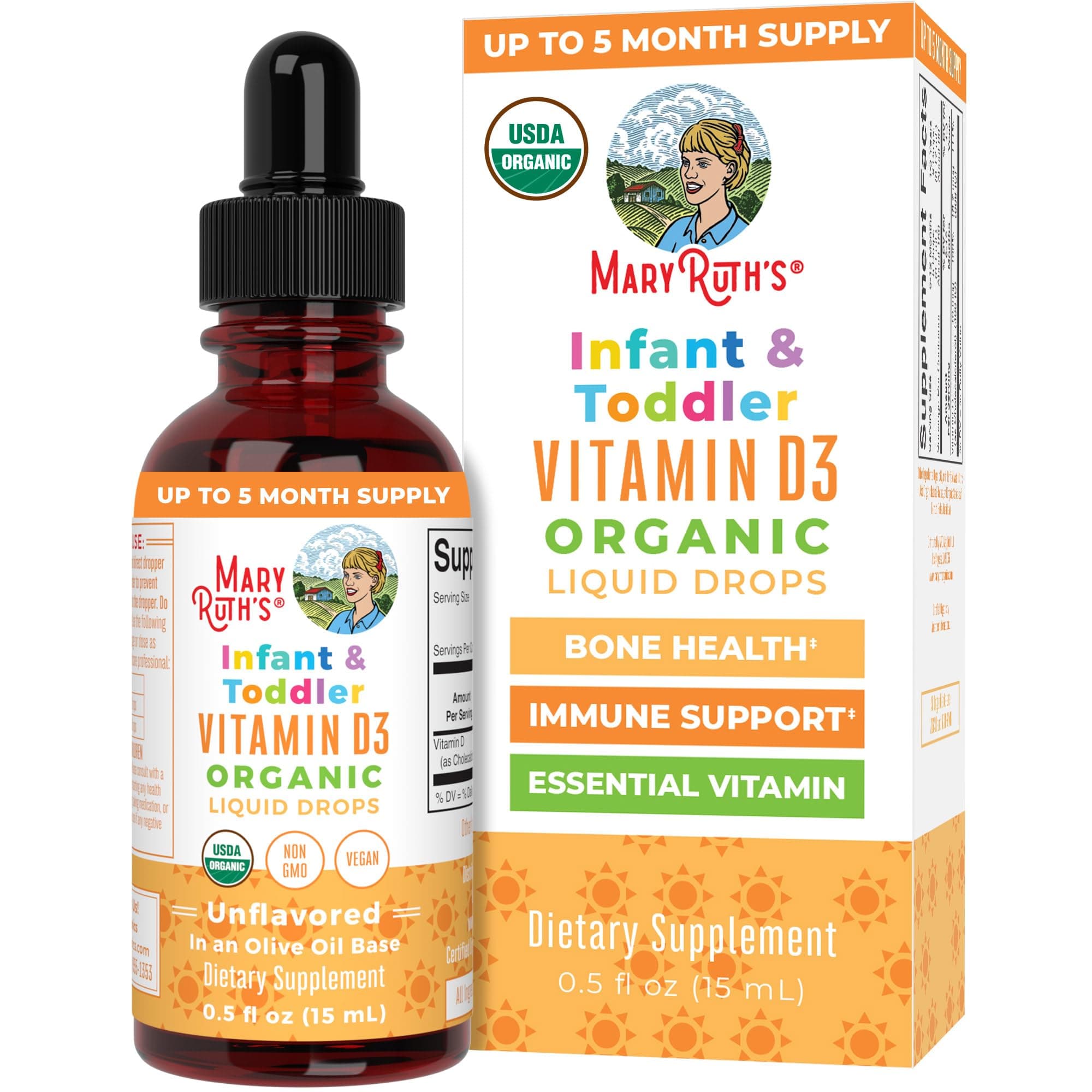 Vitamin D USDA Organic | Up to 4 Month Supply | Vitamin D3 Liquid | Sugar Free | Liquid Vitamin D Drops Immune Support for Infants & Toddlers | VIT D3 | Vegan | Gluten Free | Non-GMO | 90-150 Servings