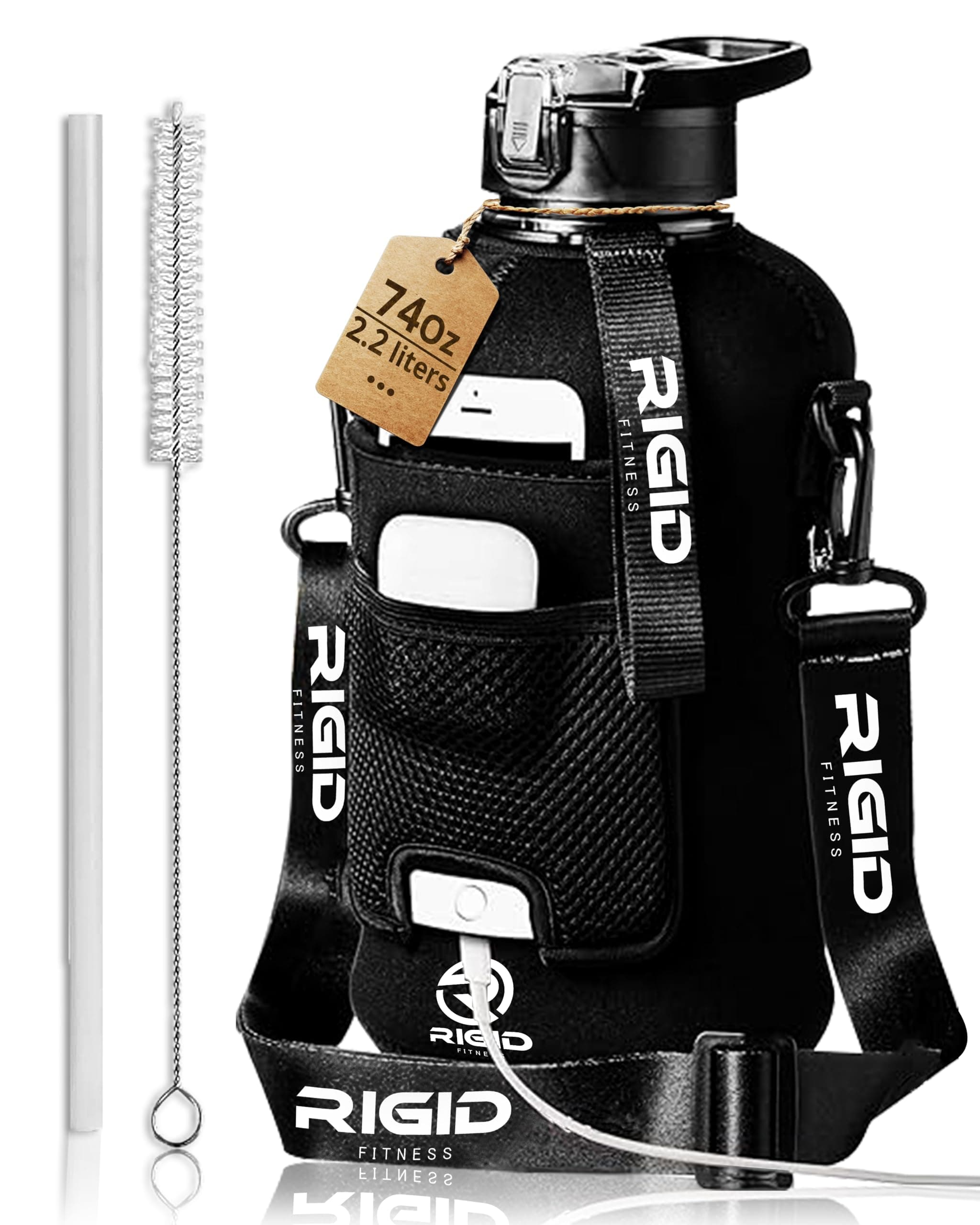 Gym Bottle & Hydration Jug - Large Water Bottle with Straw, Storage Sleeve for Phone - BPA-Free & Healthy for Workout, Hiking, and Daily Use - 2.2L/74oz (Black)