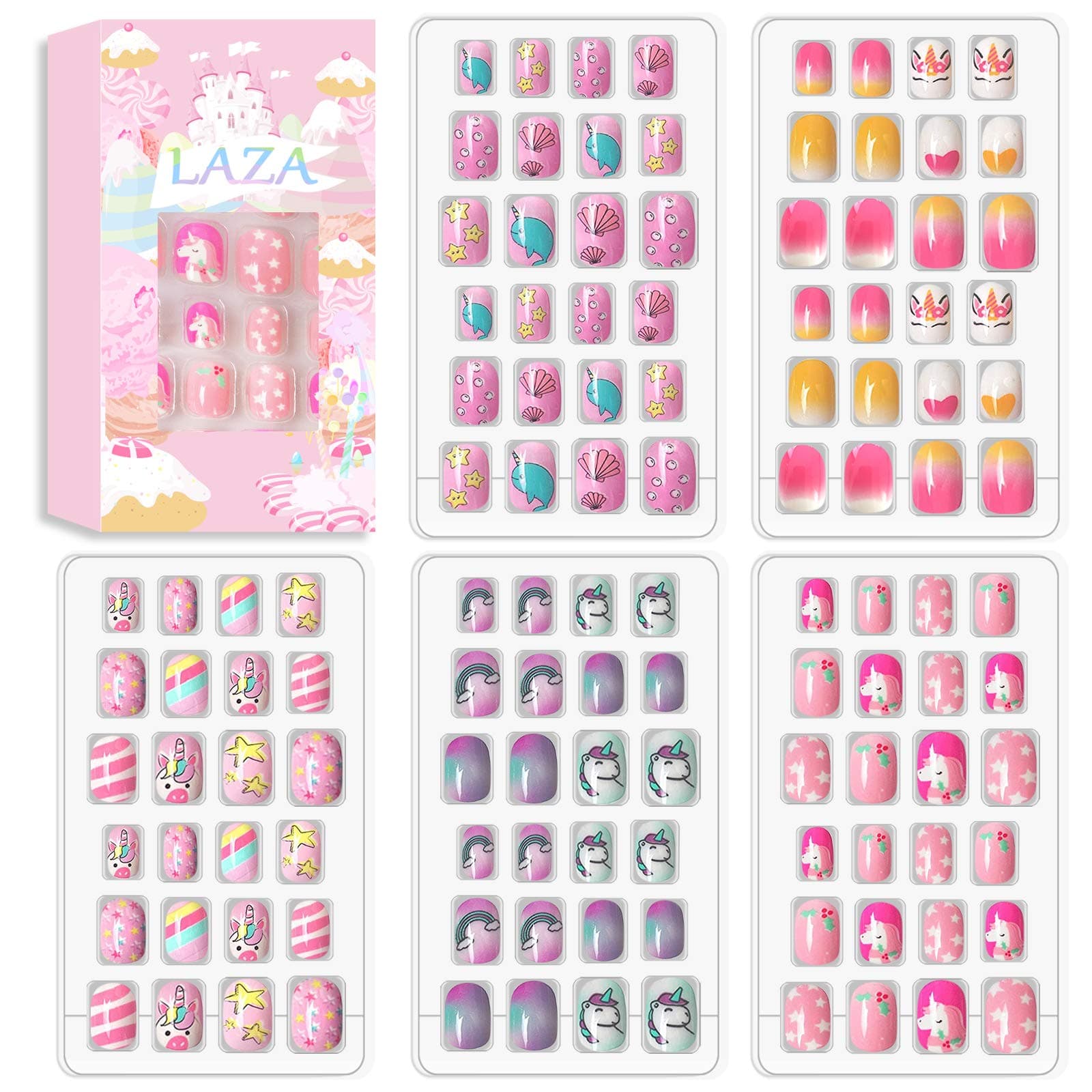 Laza 120pcs Children Nails Press On Pre-glue Full Cover Glitter Gradient Color Rainbow Sparkling Star Unicorn Shell Short False Nail Kits for Kids Teenager Girls - Legend of Unicorn