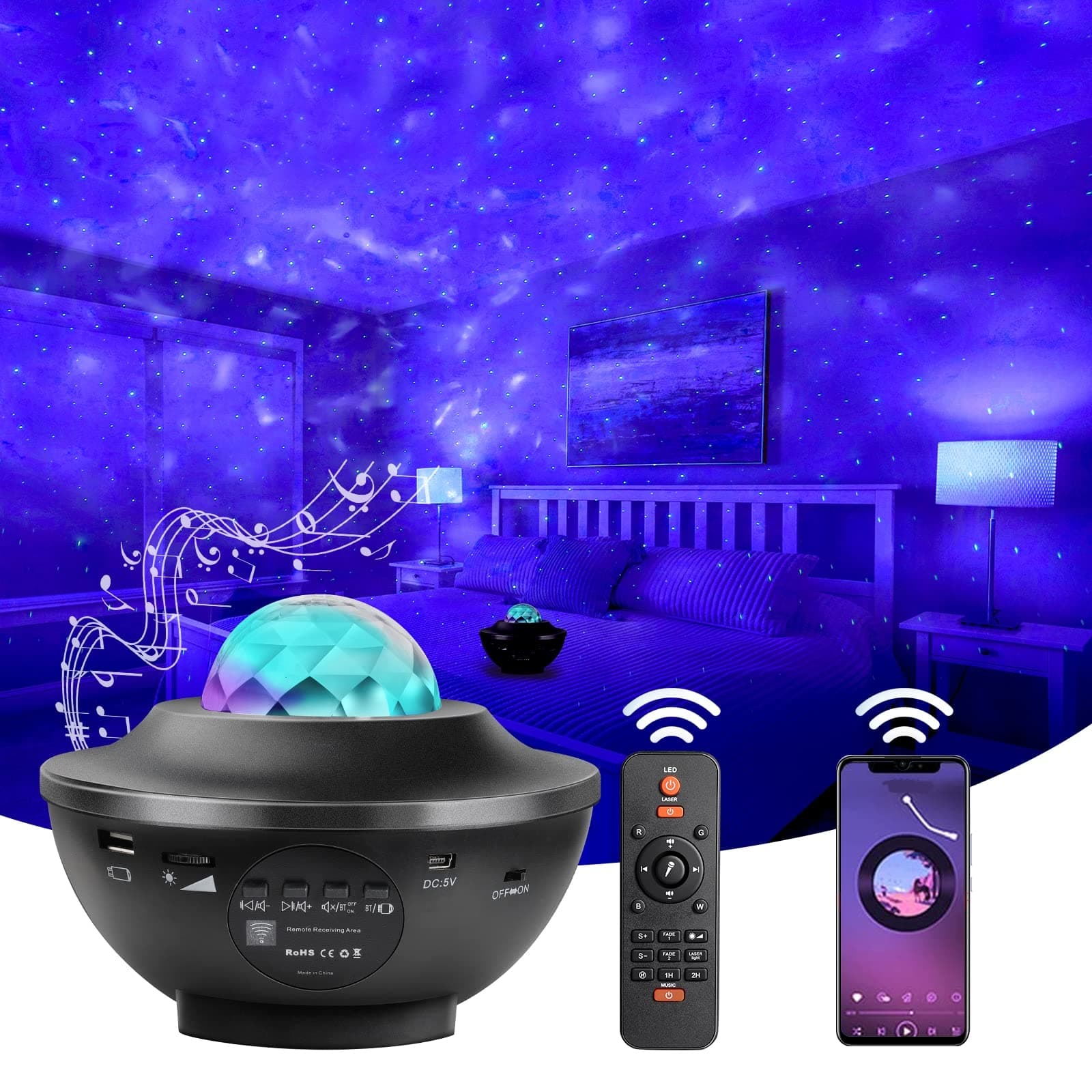 Kids LED Starry Sky Projector Light, 12 Color Changing Galaxy Night Light with Bluetooth Music Player, Adjustable Brightness, Remote Control Timing Assistant Sleep, Baby Adult Bedroom Decoration Gift
