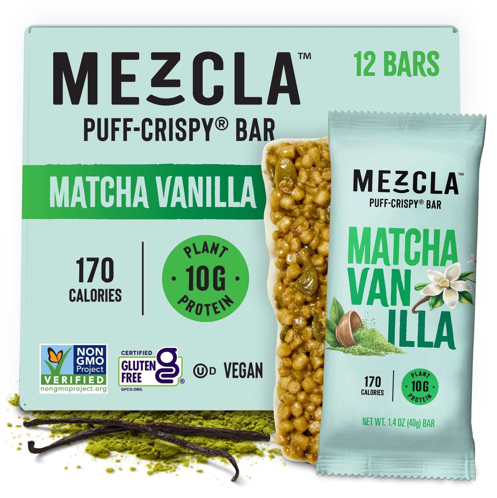 - Mezcla Puff-Crispy Plant Based Protein Bars - Matcha Vanilla - Healthy Snacks for Adults & Matcha Latte Fans - Best School, Travel, Office Snacks - Gluten Free, Vegan, Non GMO, 10g Protein - 12 Count