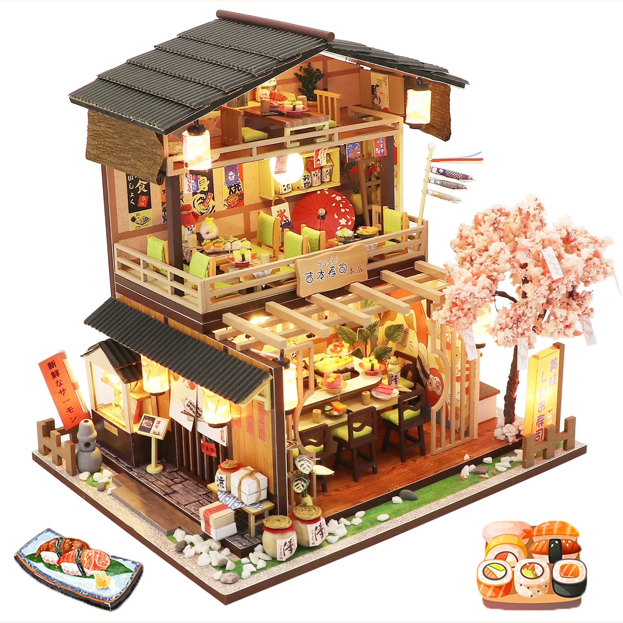 Spilay DIY Dollhouse Miniature with Wooden Furniture,Handmade Japanese Style DIY Dollhouse Kit with Dust Cover & Music Box,1:24 3D Creative Room Gift Idea for Adult Friend Lover(New Gibon Sushi)