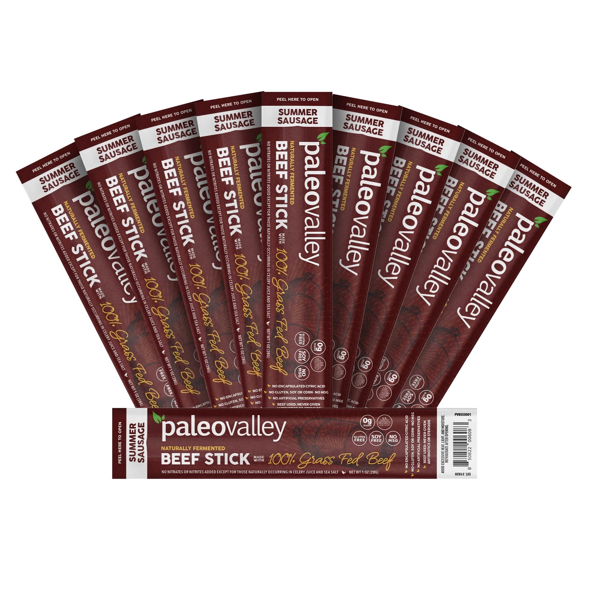 Paleovalley 100% Grass Fed Summer Sausage Beef Sticks - Delicious Gluten Free Beef Snack - High Protein Keto Friendly