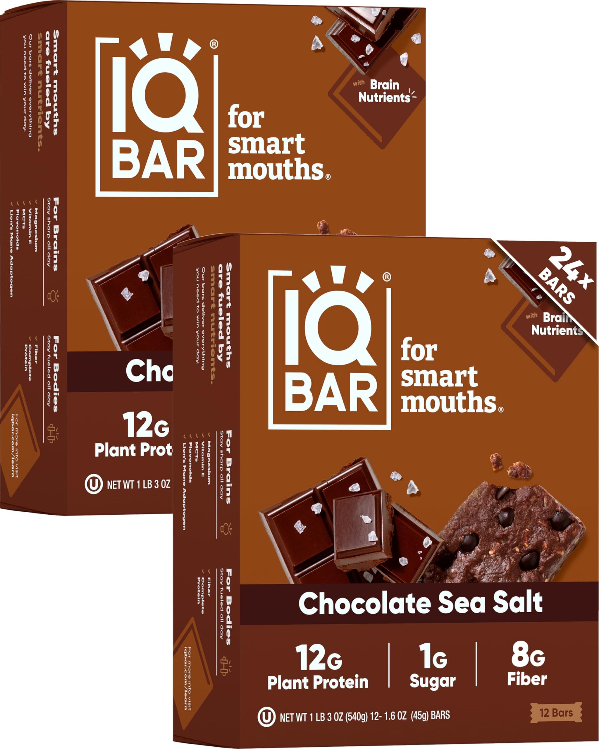IQ BAR Brain and Body Plant Protein s - Chocolate Sea Salt - 24 Count, Low Carb, High Fiber, Gluten Free, Vegan Snacks - Low Sugar Keto Energy