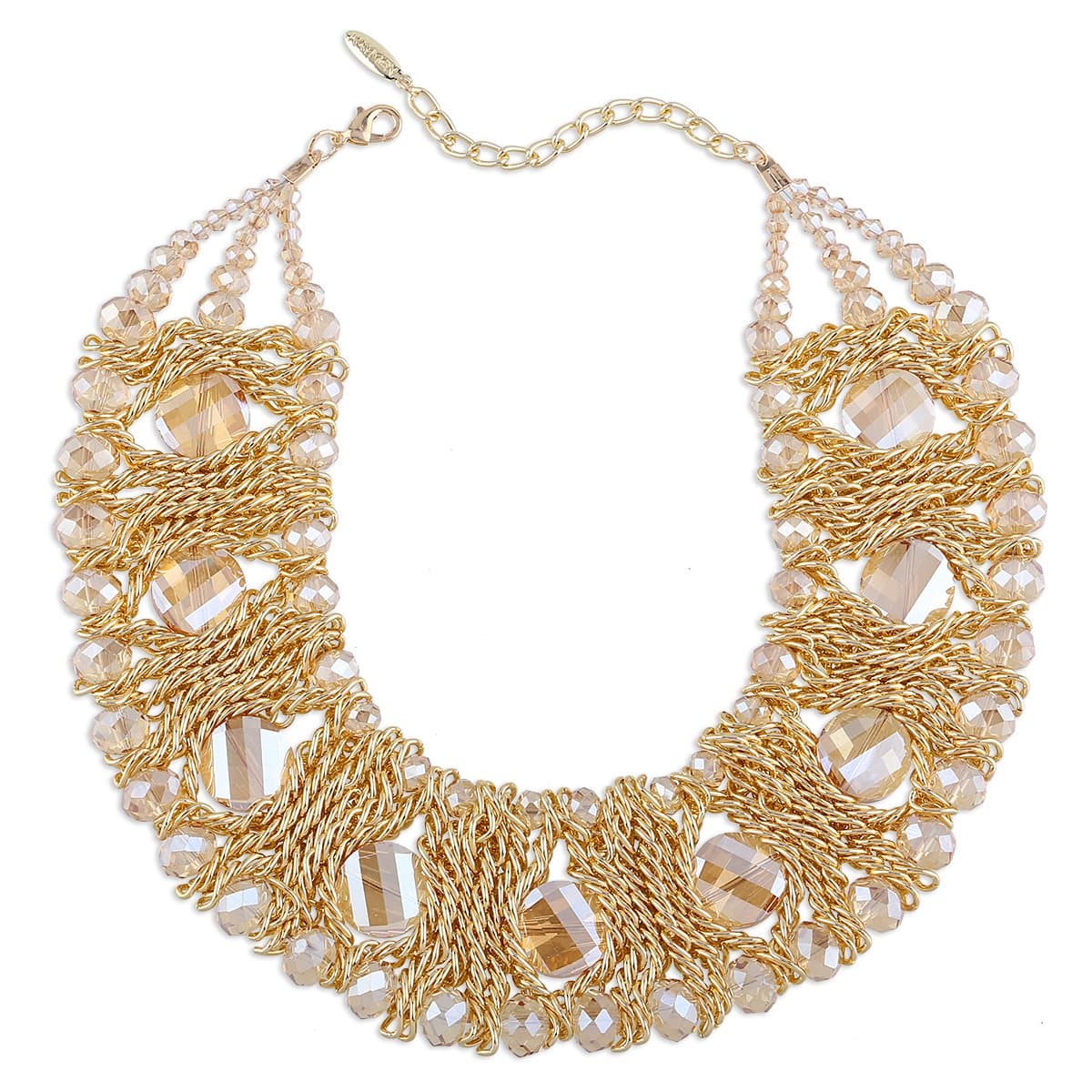 Luxury Gold Plated Copper Chians and Crystal Stone Knit Statement Choker Necklaces for Women 4 Colors (Champagne)