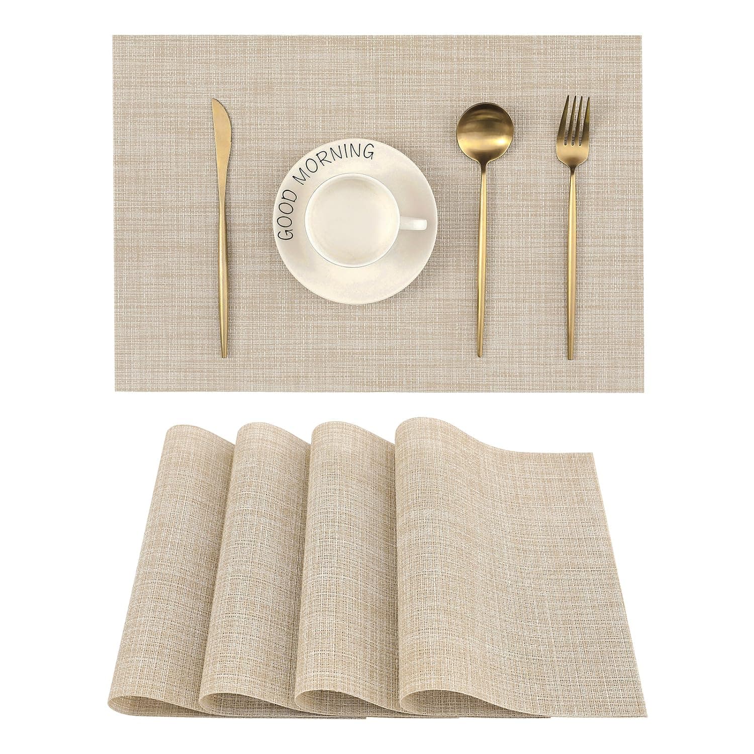 Leetaltree Beige Placemats Set of 4 - Heat Resistant Non-Slip Place mats for Dining Table, Washable Durable PVC Vinyl Woven Table Mats(Beige, 4)