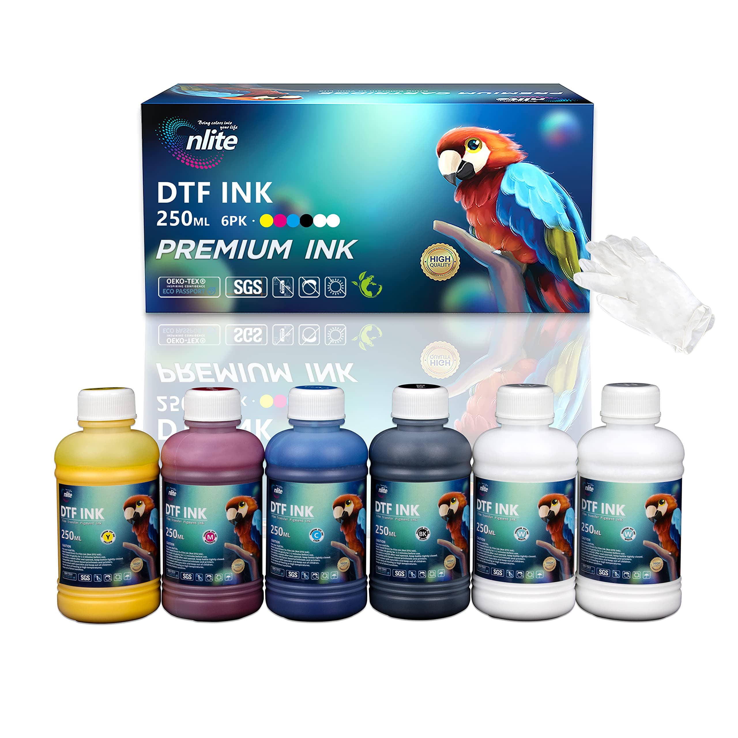 Enlite DTF Ink 250ML Combo Pack, Premium Pigment Ink for PET Film Heat Transfer Printing, Refill for DTF Printer with printhead DX5 DX7 5113 XP600 I3200 4720 TX800, 2W+1B+1C+1M+1Y
