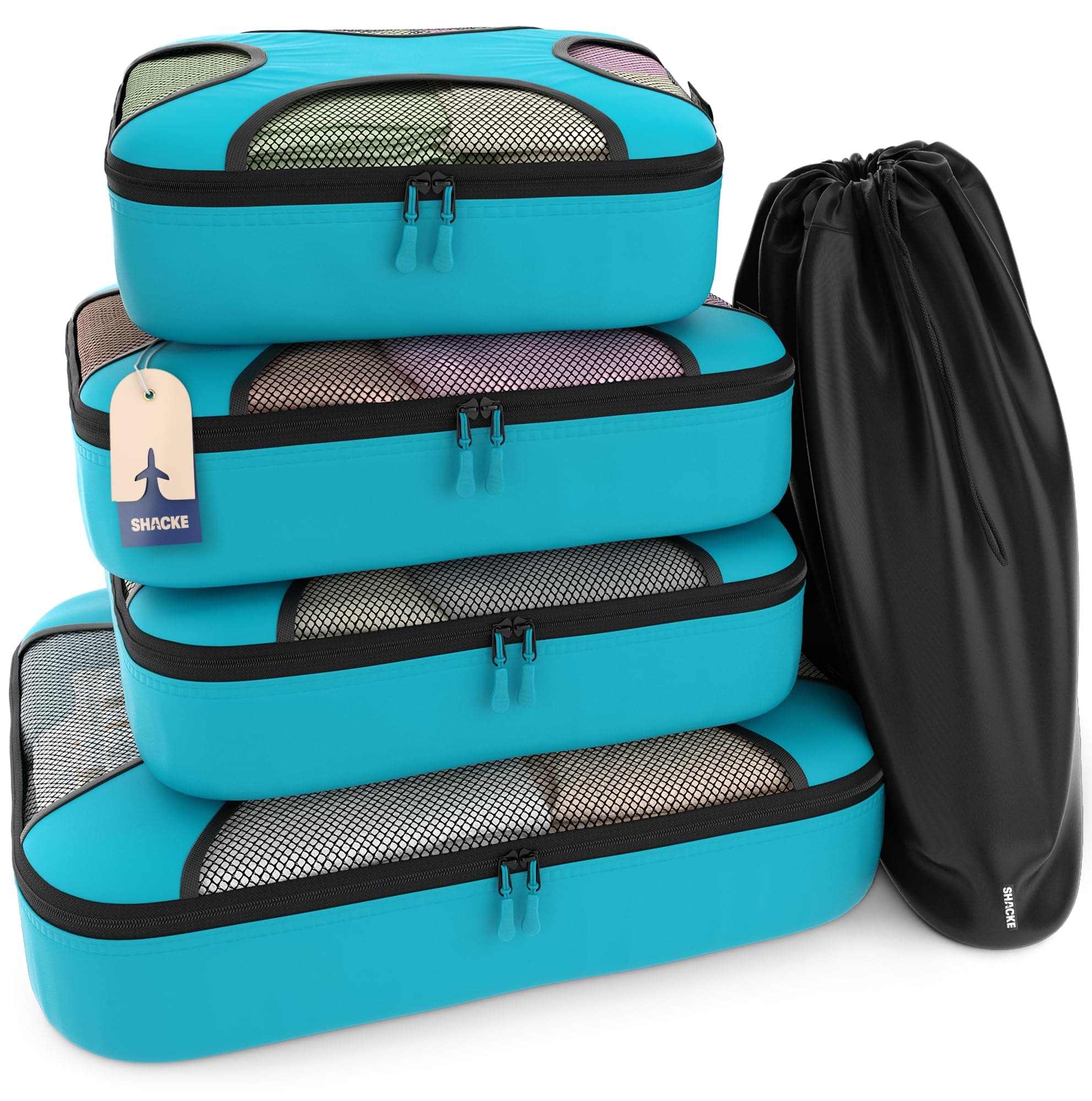 Shacke Premium 5 Packing Cubes Set - Lightweight Mesh Travel Luggage Organizers with Laundry Bag, 5-Piece Suitcase Storage System (Aqua Teal)