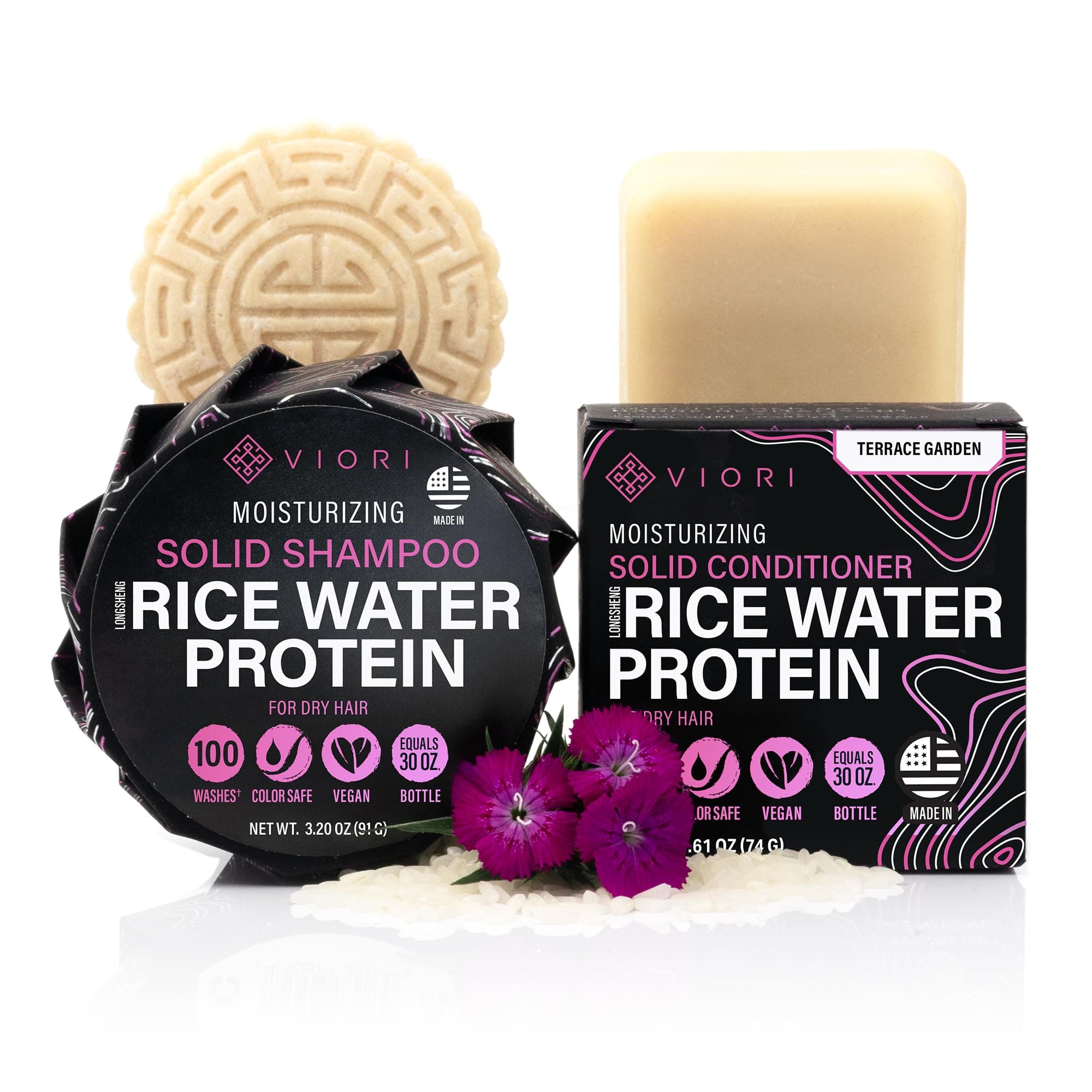 Viori Terrace Garden Shampoo and Conditioner Bar Set Made with Rice Water - Handcrafted Sulfate Free Shampoo and Conditioner
