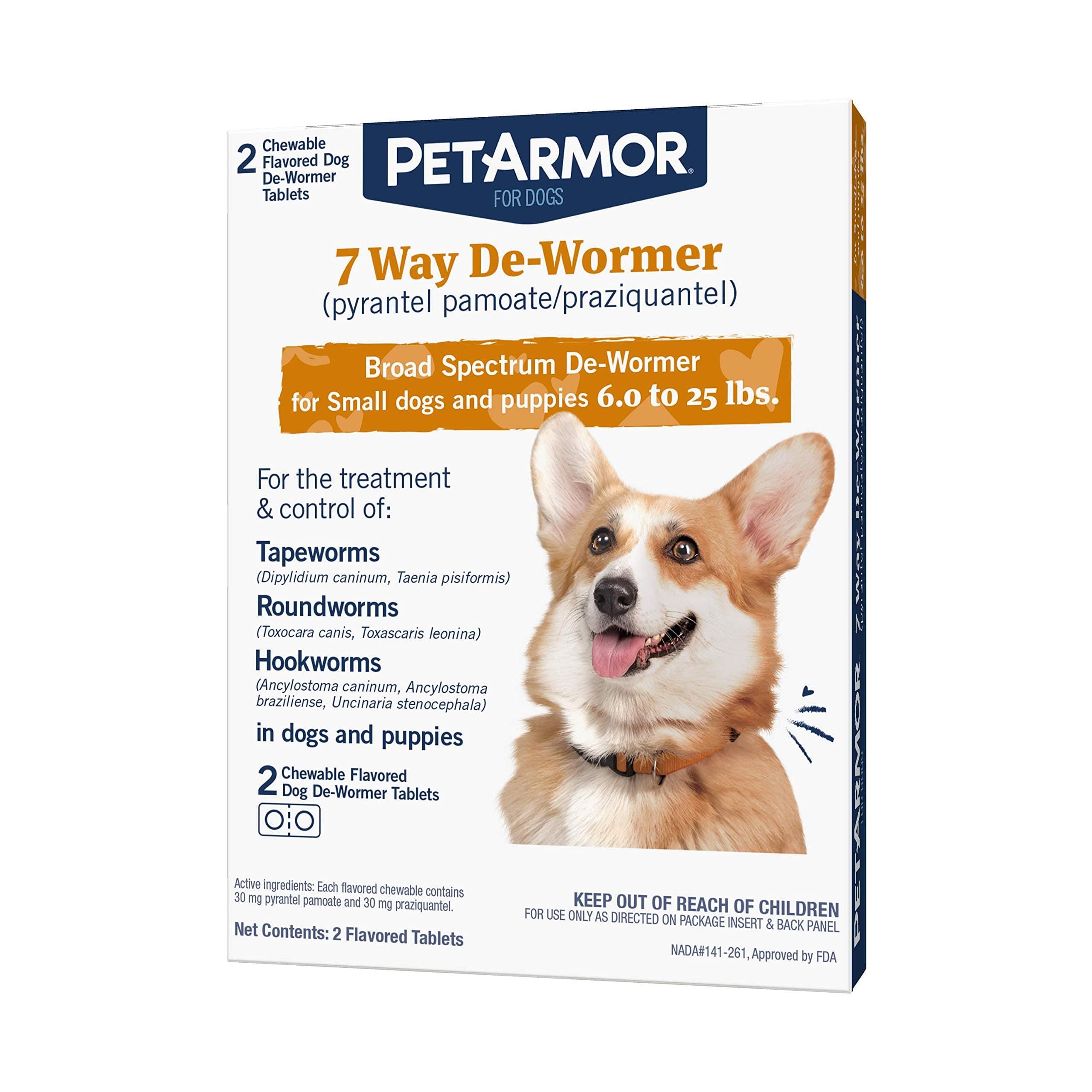 7 Way De-Wormer for Dogs, Oral Treatment of Tapeworm, Roundworm & Hookworm, Dewormer for Puppies & Small Dogs (6-25 lbs), Worm Remover (Praziquantel & Pyrantel Pamoate), 2 Flavored Chewables