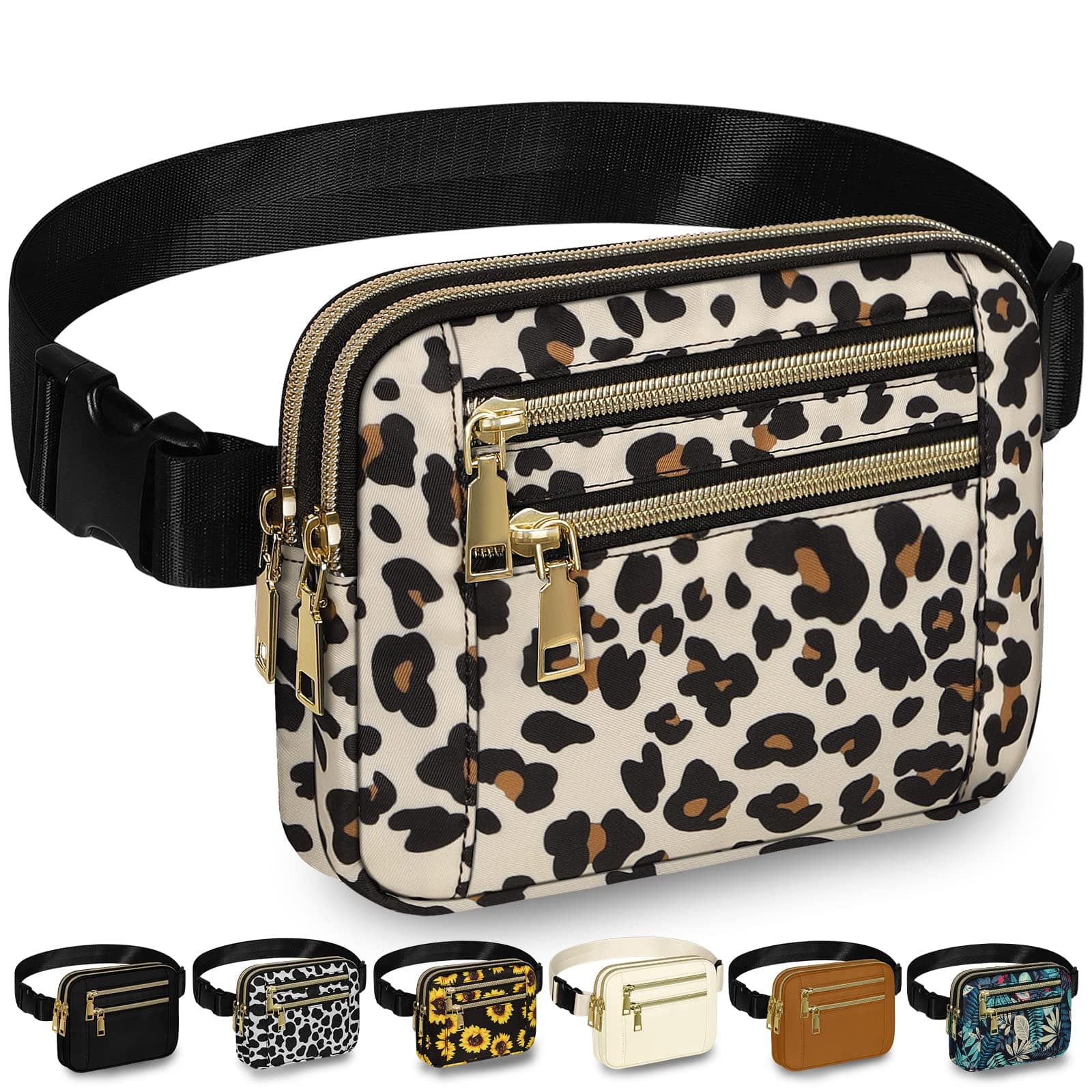 Capolo Fanny Packs for Women Fashion Waist Packs Bag with Adjustable Strap and 4 Zipper Pockets Waterproof Everywhere Crossbody Belt Bag for Workout Running Travelling(Leopard)