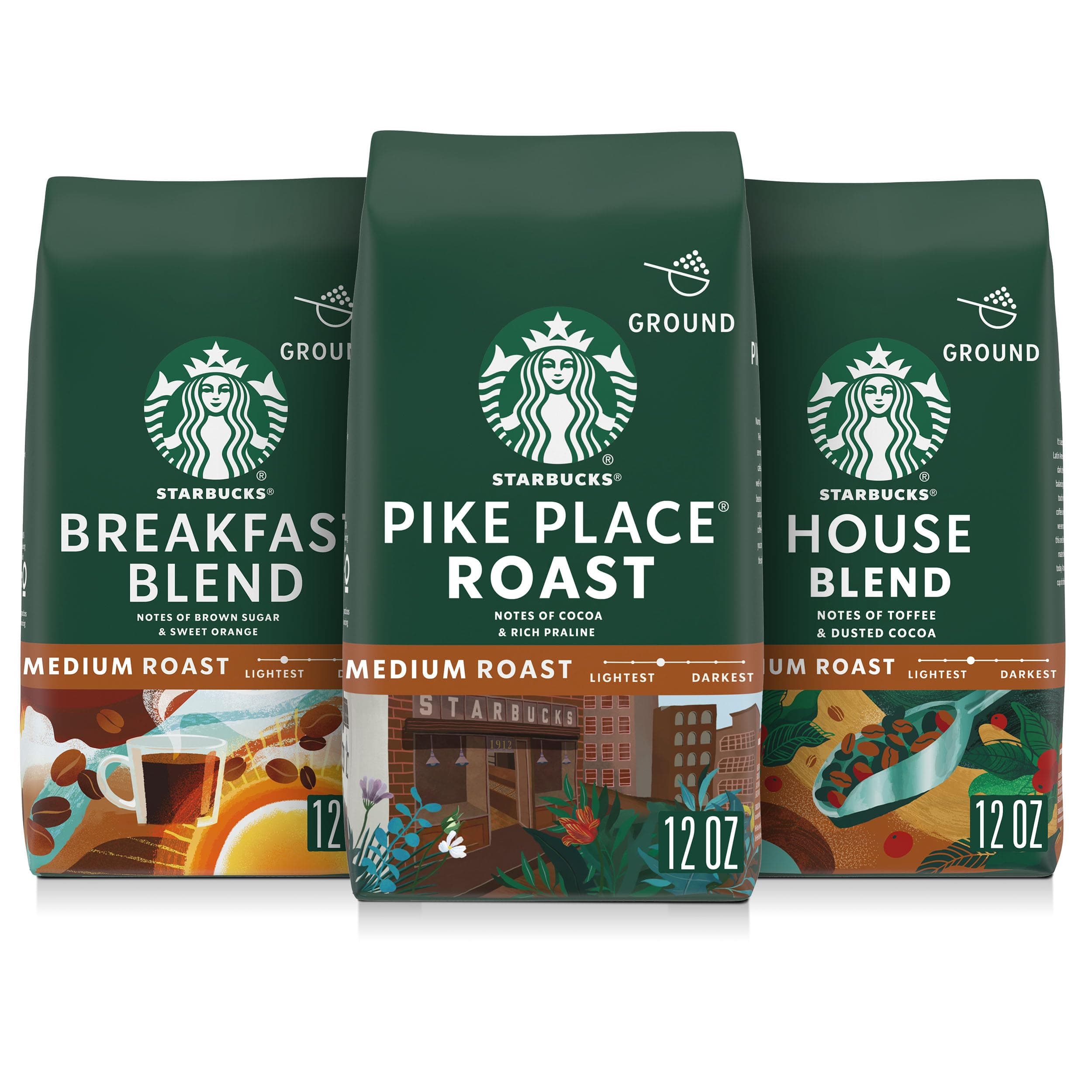 Starbucks Ground Coffee, Medium Roast Hot or Iced Coffee, Variety Pack, Three 12 oz Bags