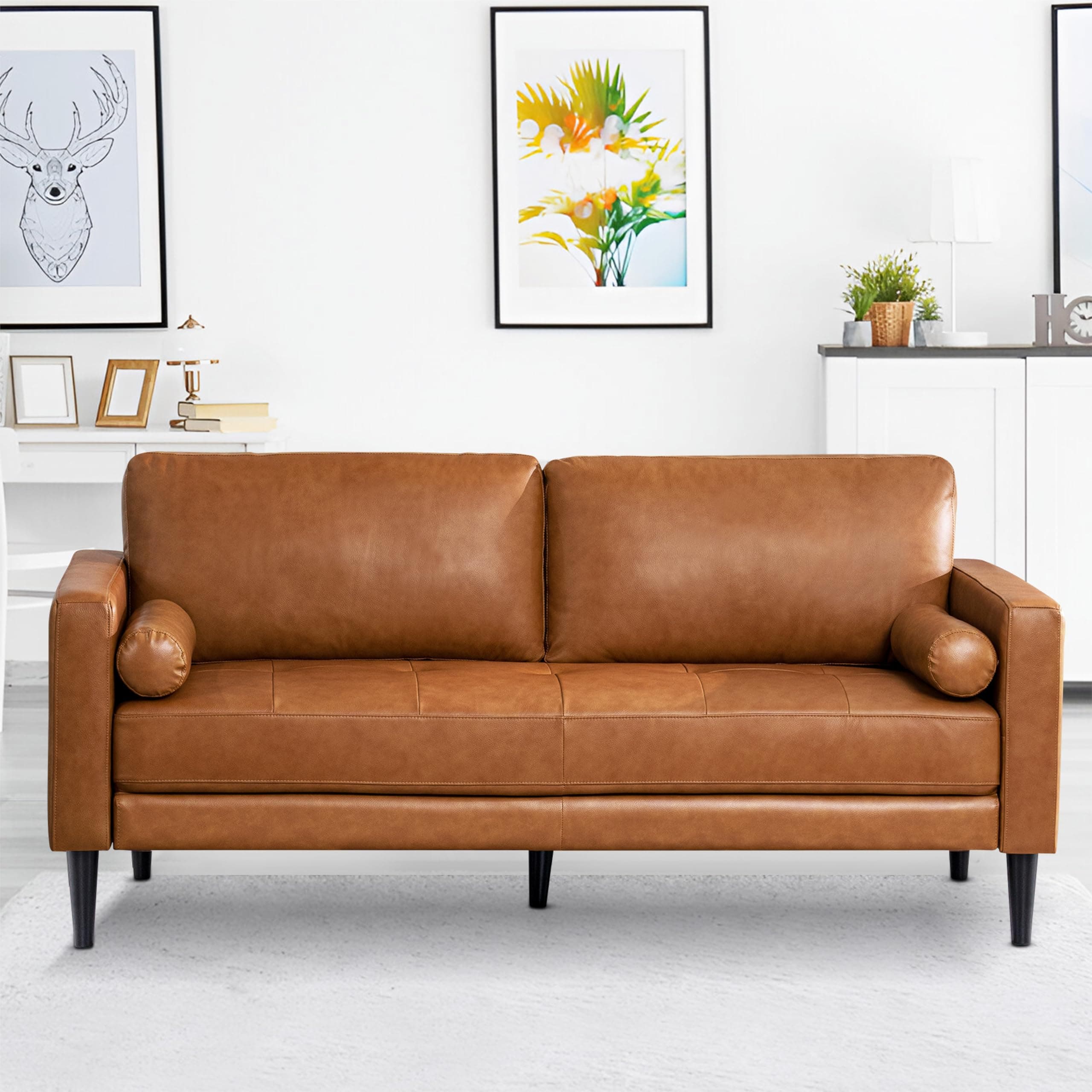 Naomi Home Marisa - Genuine Cowhide Leather Sofa - Mid-Century Modern Apartment 3-Seater Couch - Plush Foam Comfort & Sturdy Wood Frame