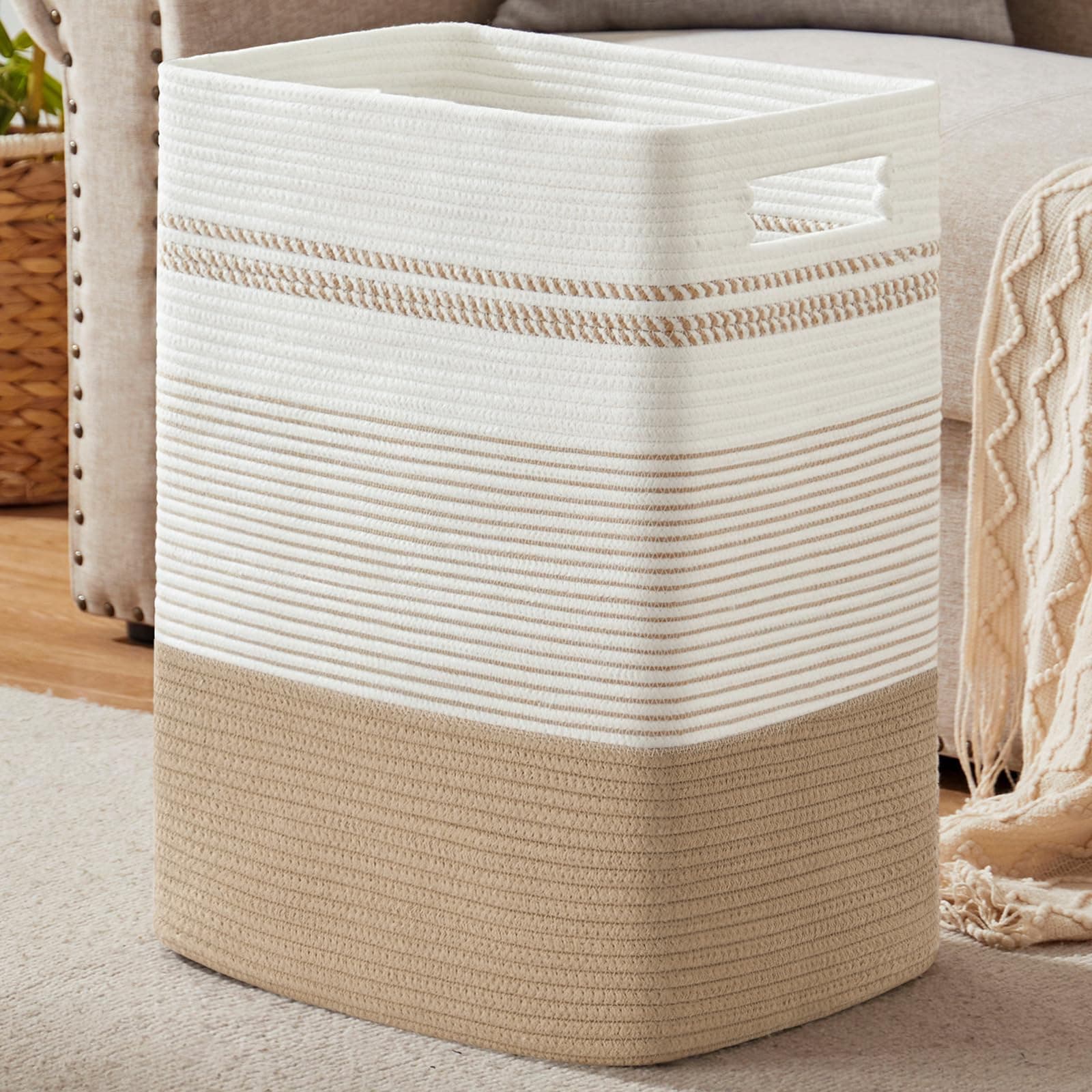 SIXDOVE Laundry Hamper, 76L Large Woven Rope Slim Laundry Basket with Handles, Decorative Narrow Storage Basket for Clothes and Blankets in Living room,Bedroom, 22" X 17" X 13", Jute & White