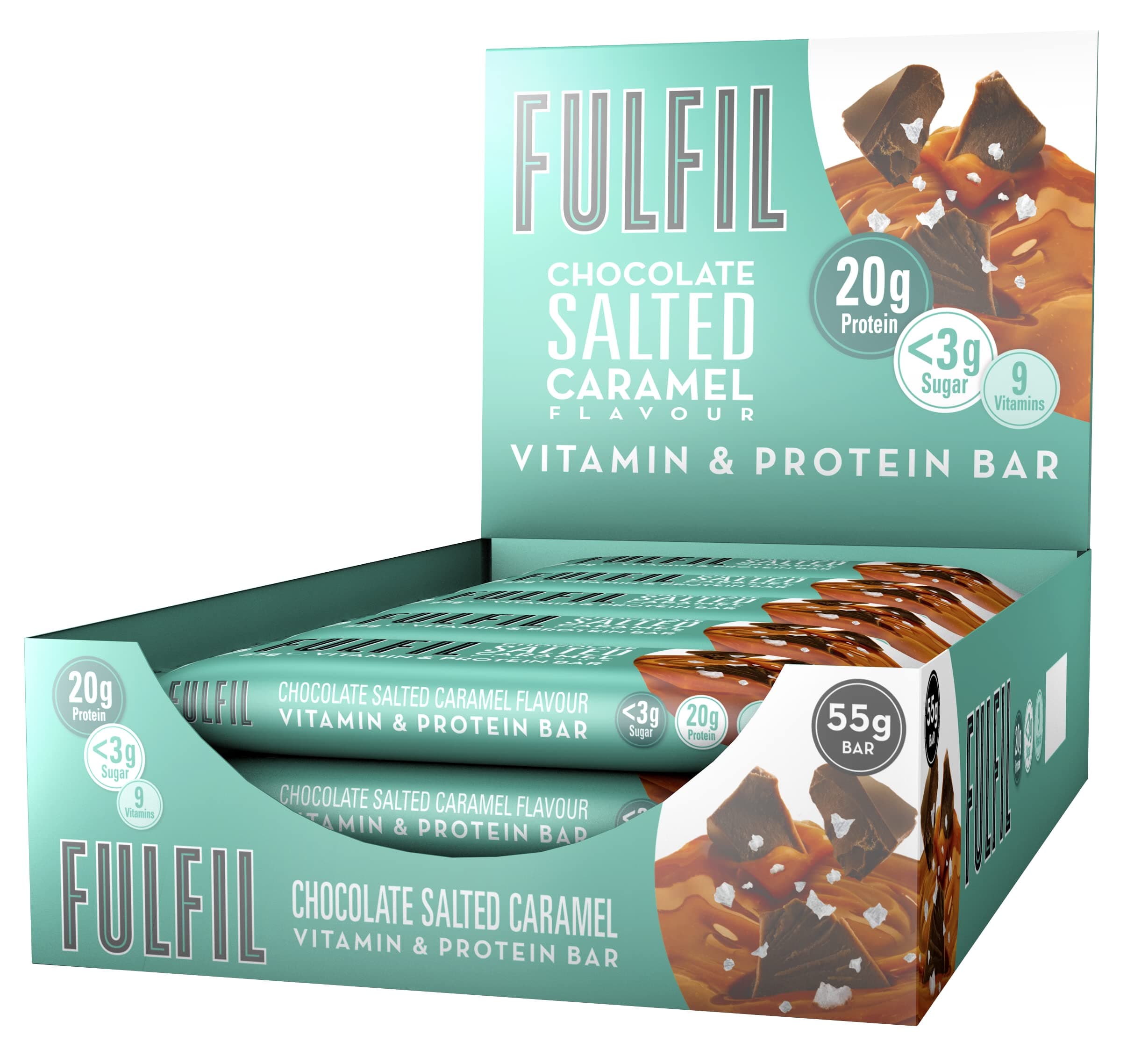 Fulfil Vitamin And Protein Bar (15 X 55G Bars) — Chocolate Salted Caramel Flavour — 20G High Protein, 9 Vitamins, Low Sugar
