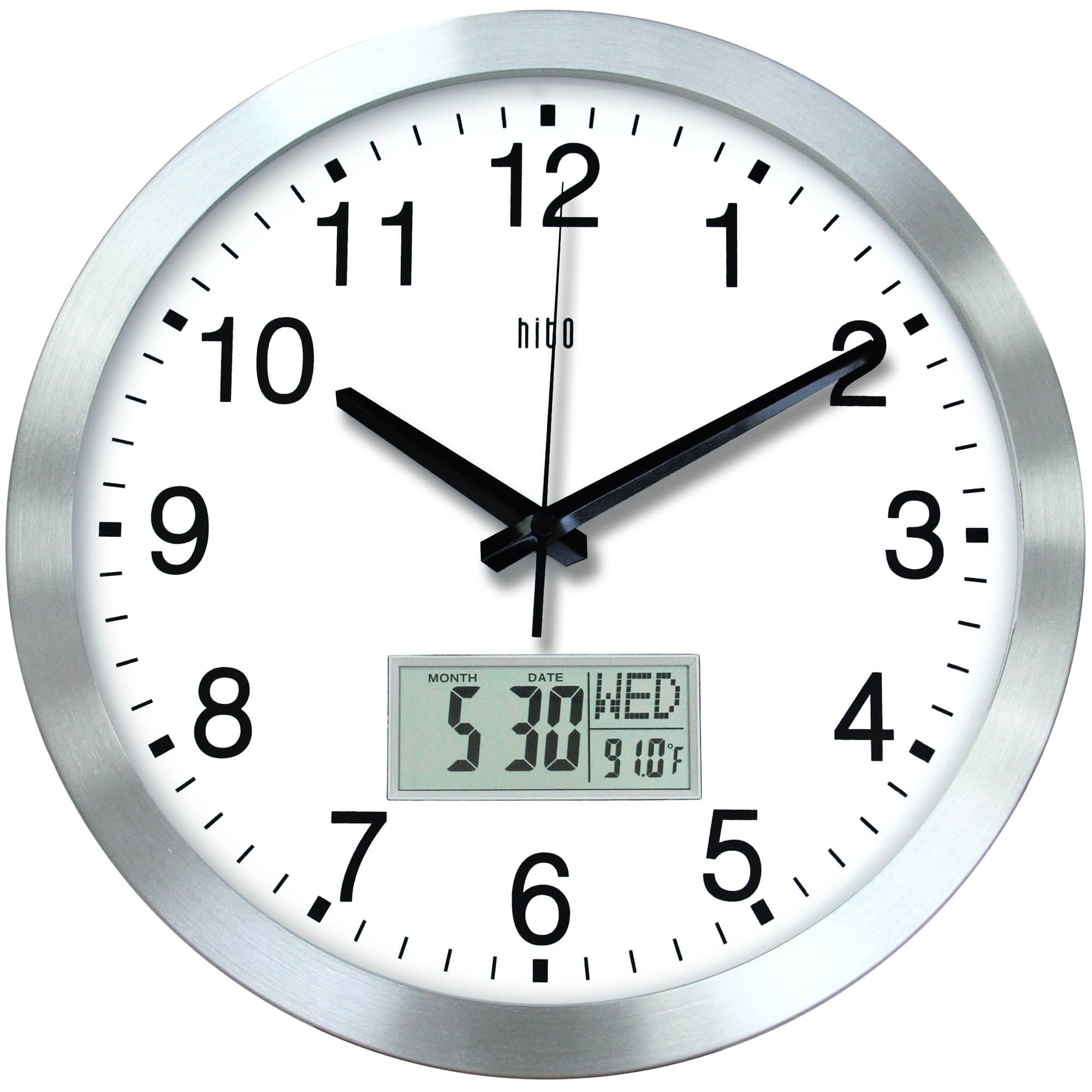 30cm Silent Non-ticking Wall Clock w/ Metal Frame, Acrylic Front Cover, Date, Indoor Temperature, Week (Silver w/ LCD)
