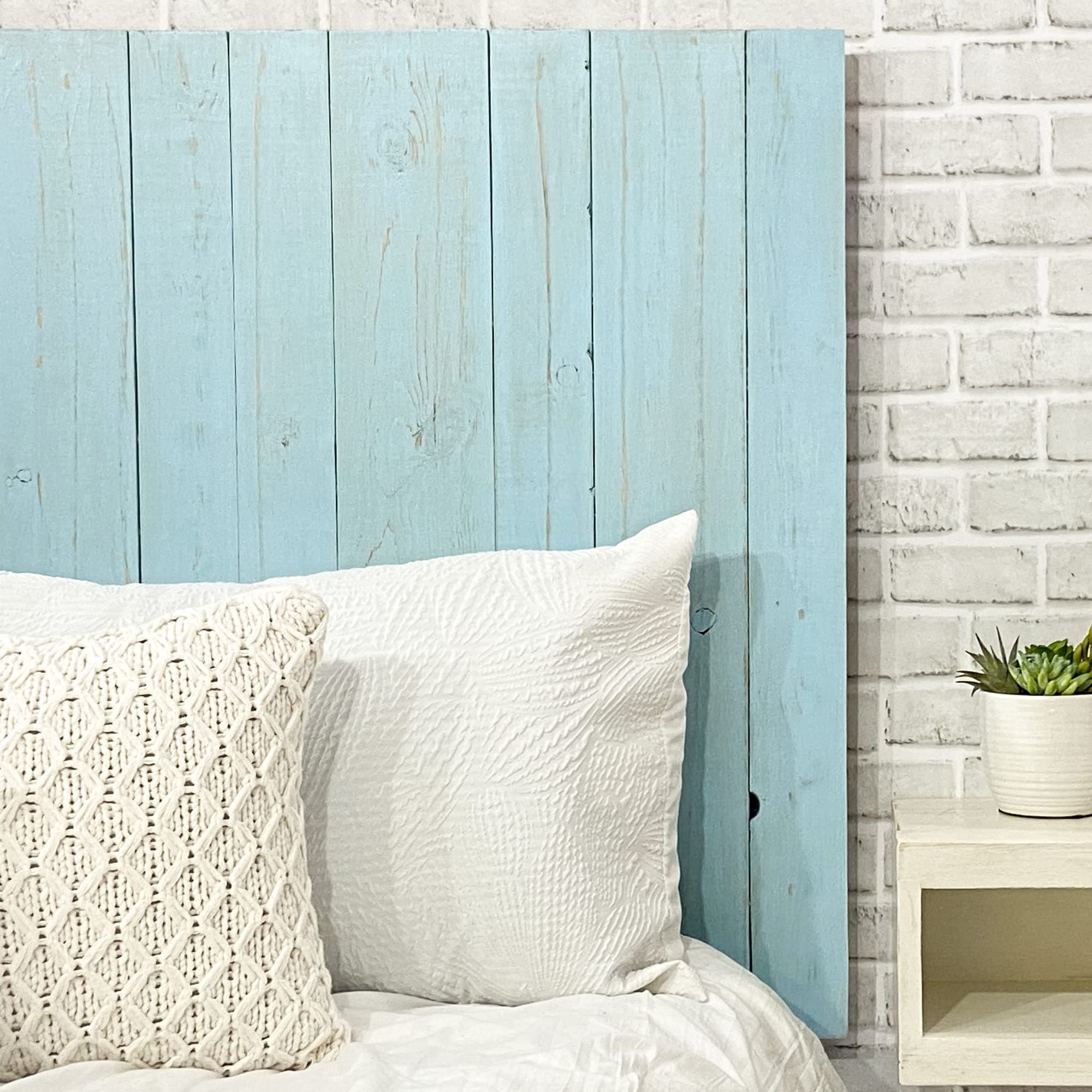 Barn Walls Baby Blue Headboard, Cottage Design Weathered, Solid Wood Headboard Floating Panels Wall Mount, Adjustable Height Easy Assembly, King Size