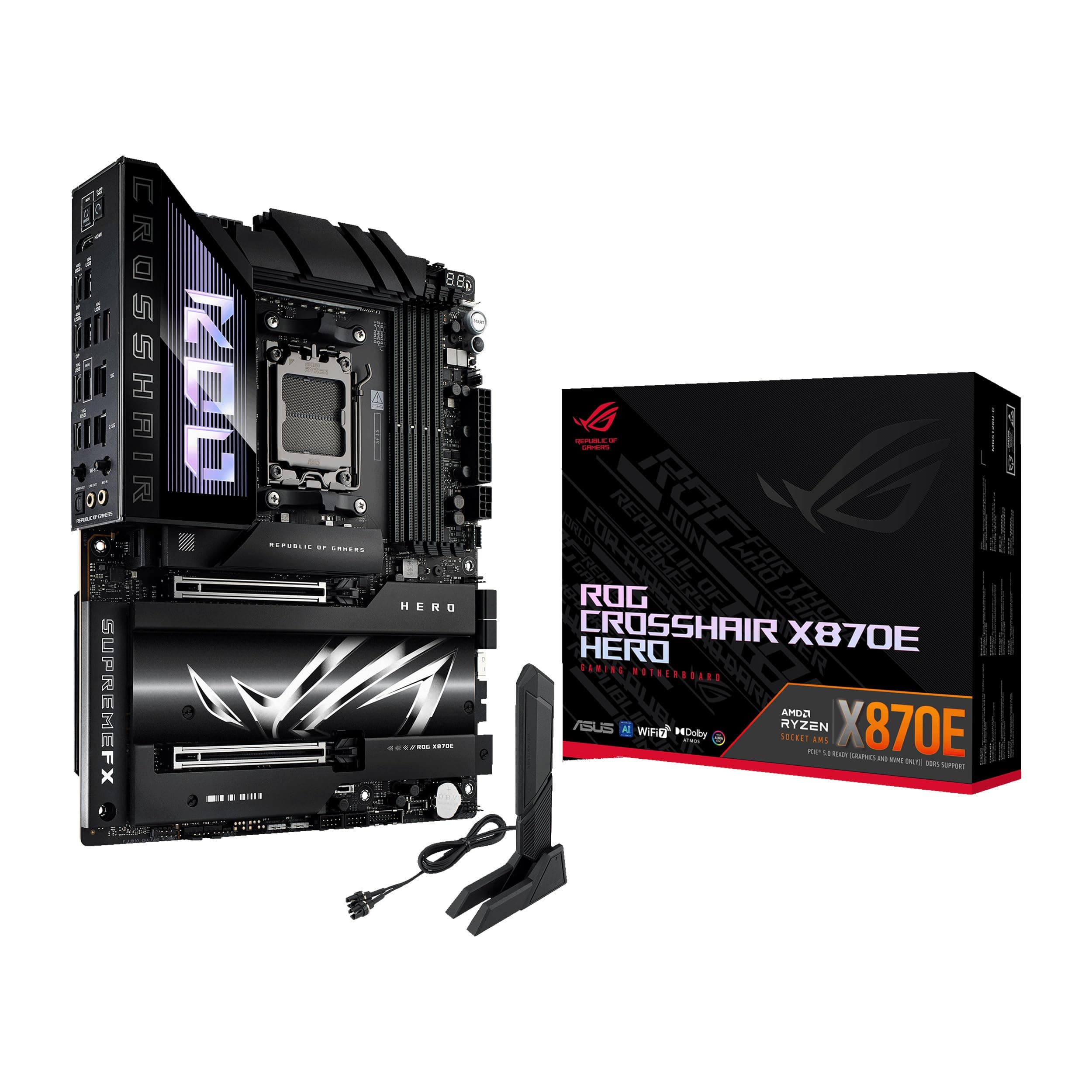 ASUS ROG Crosshair X870E Hero AMD X870E AM5 ATX Motherboard, Advanced AI PC Support, 18+2+2 Power Stage, DDR5, PCIe 5.0, 5X M.2, Wi-Fi 7, USB4, AI Overclock, Core Flex, PCIe Slot Q-Release Slim